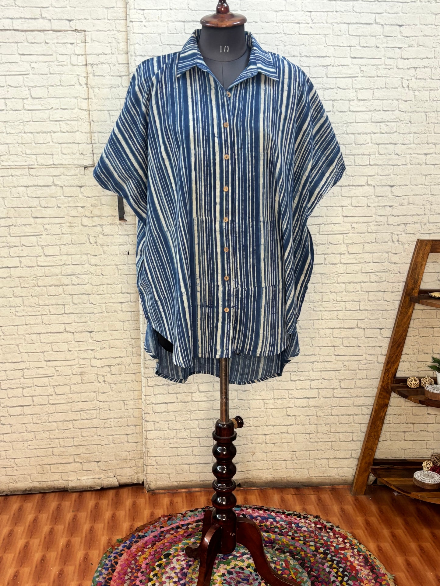 Indigo Stripes Dabu  Cotton High Low Shirt Kaftan