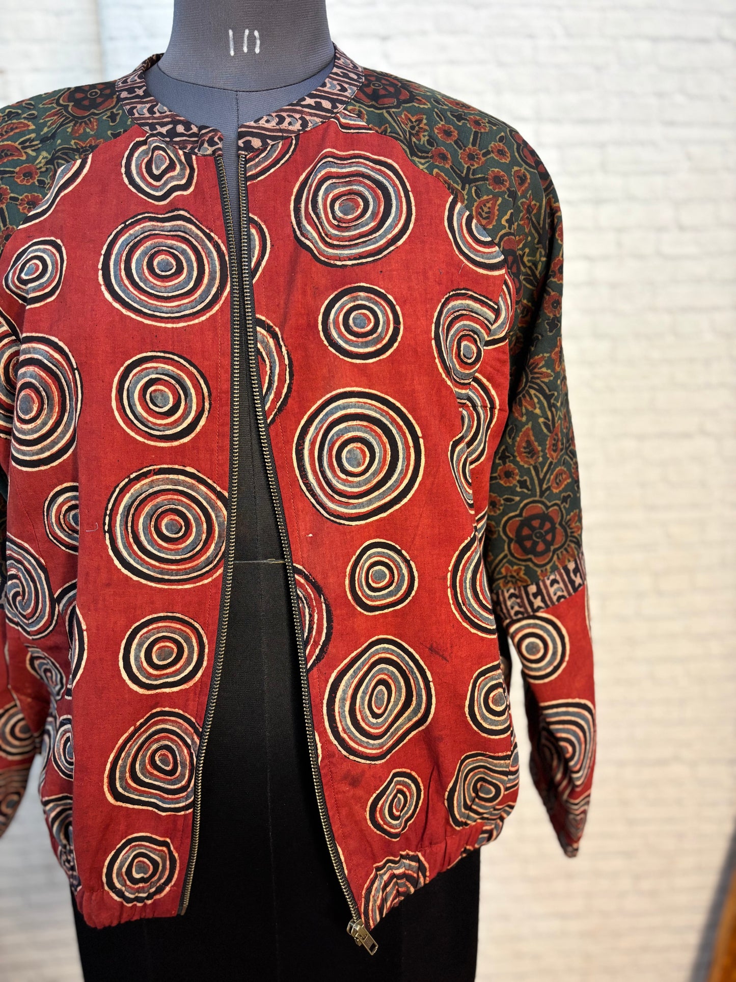 Red Green Ajrakh Hand Block Printed Unisex Bomber Jacket