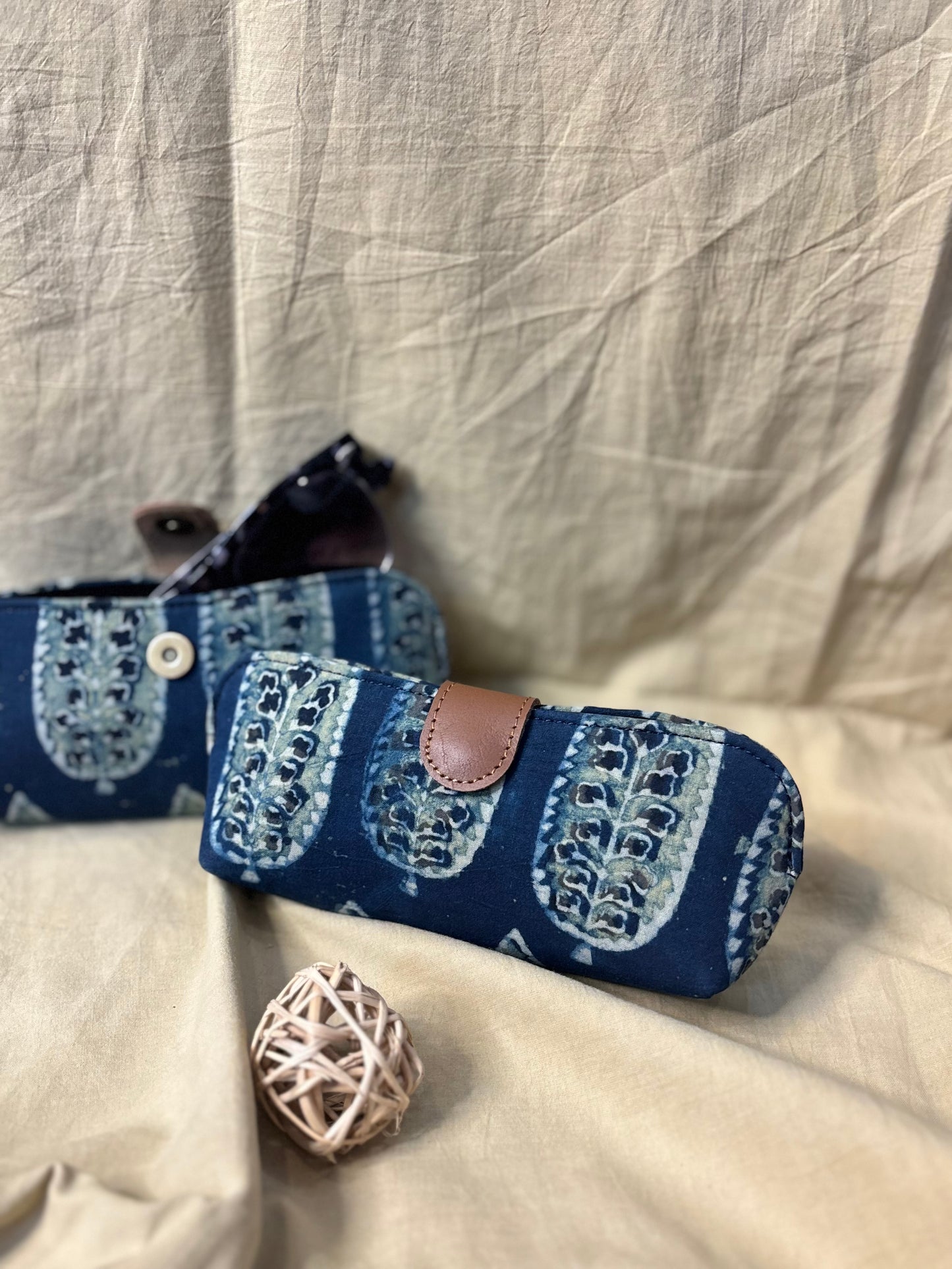 Indigo Green Feather Ajrakh Hand Block Print Eyewear Case
