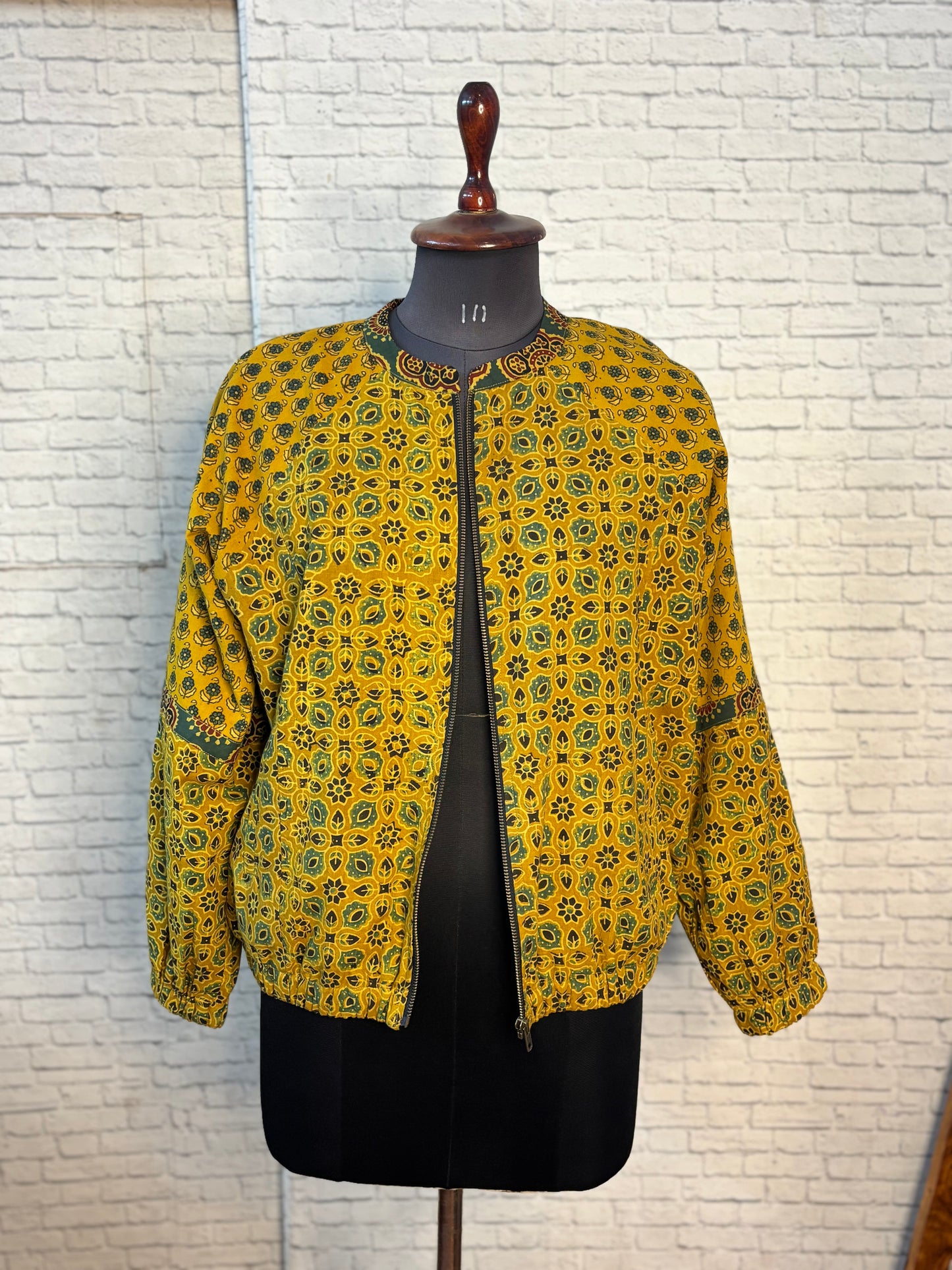 Yellow Ajrakh Hand Block Printed Unisex Bomber Jacket
