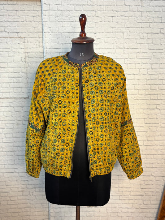 Yellow Ajrakh Hand Block Printed Unisex Bomber Jacket