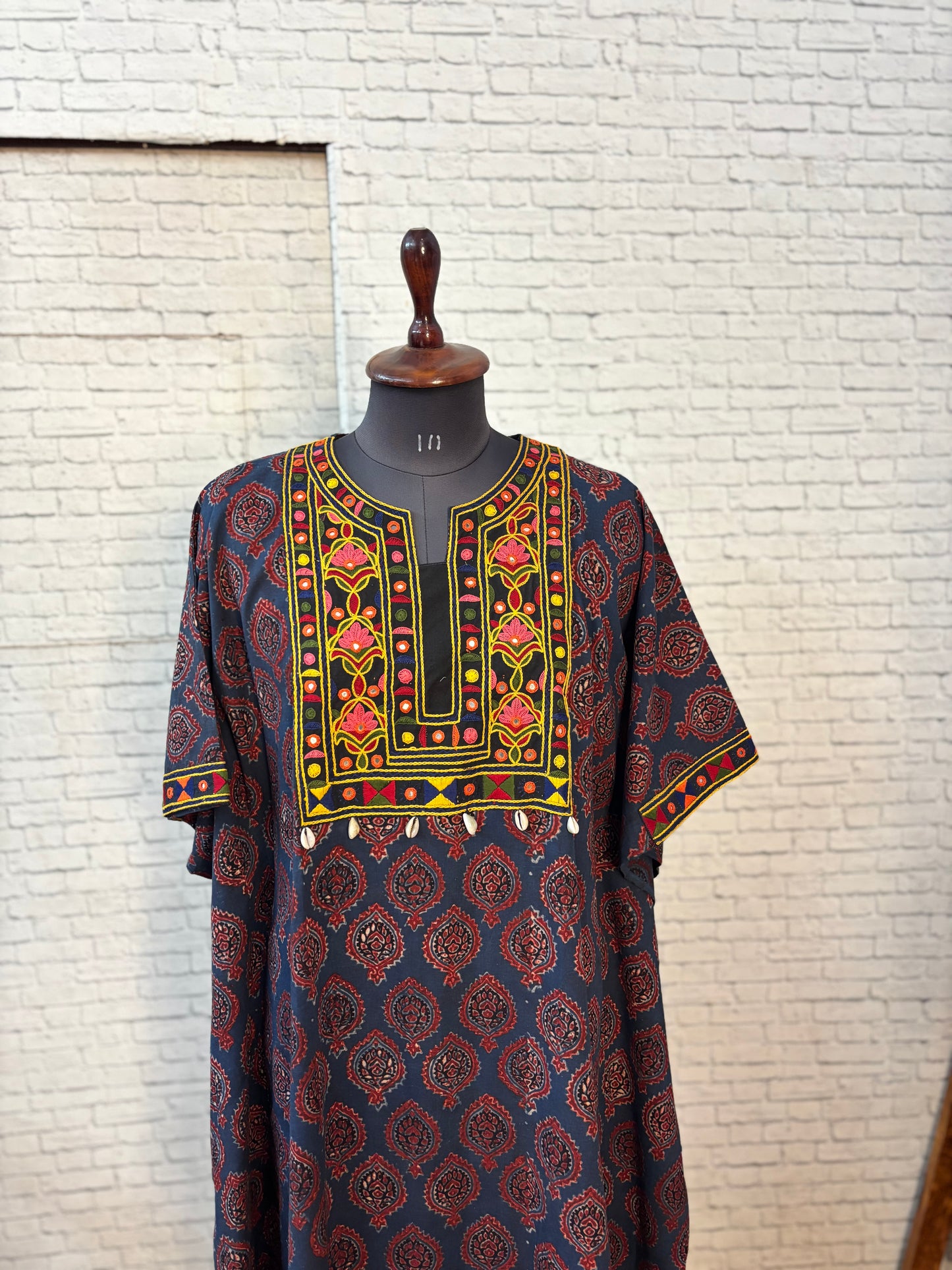 Indigo Red Ajrakh Hand Embroidered Patch Kaftan