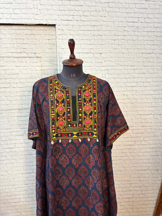 Indigo Red Ajrakh Hand Embroidered Patch Kaftan