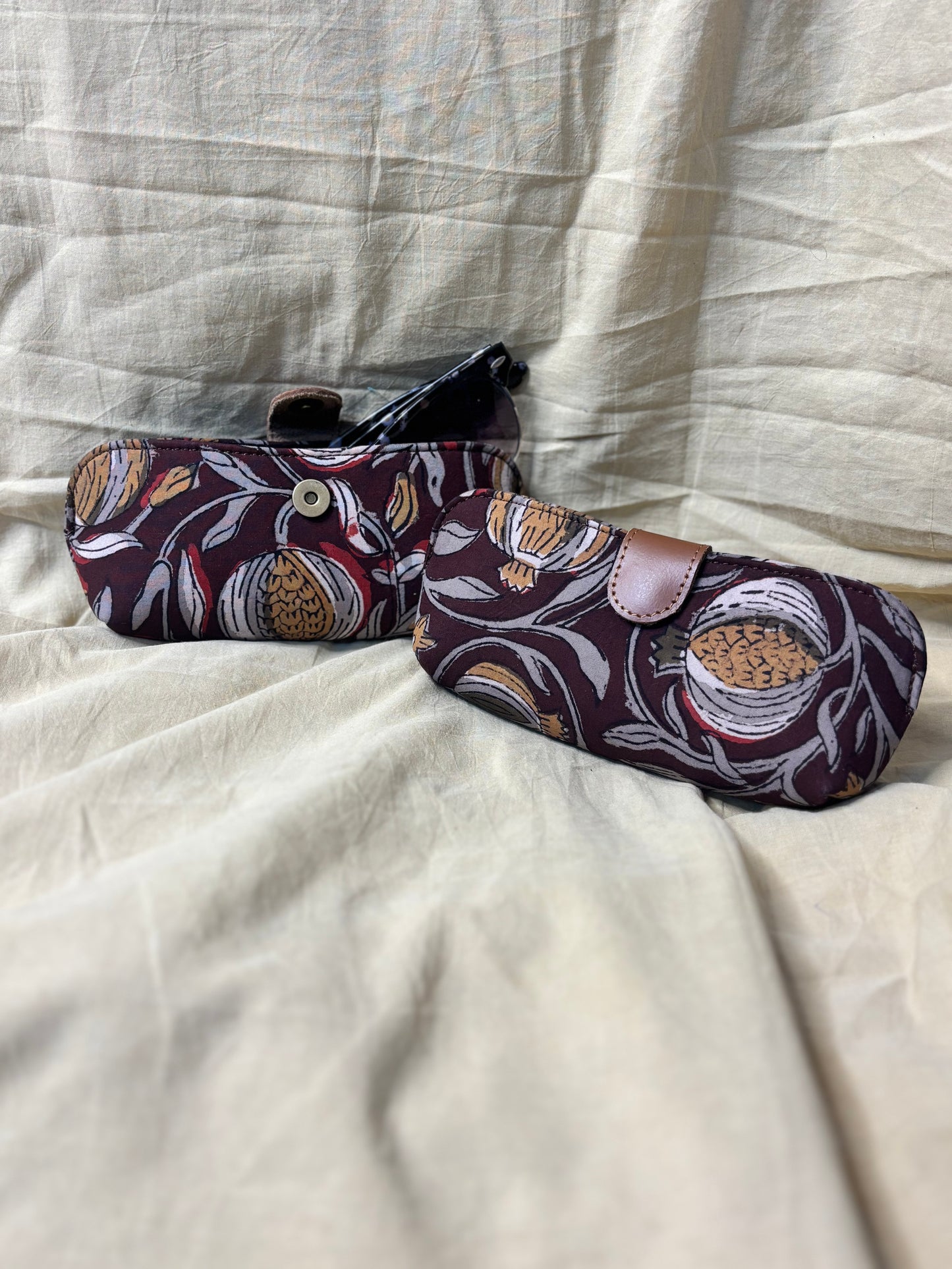 Brown Grey Floral Hand Block Print Eyewear Case