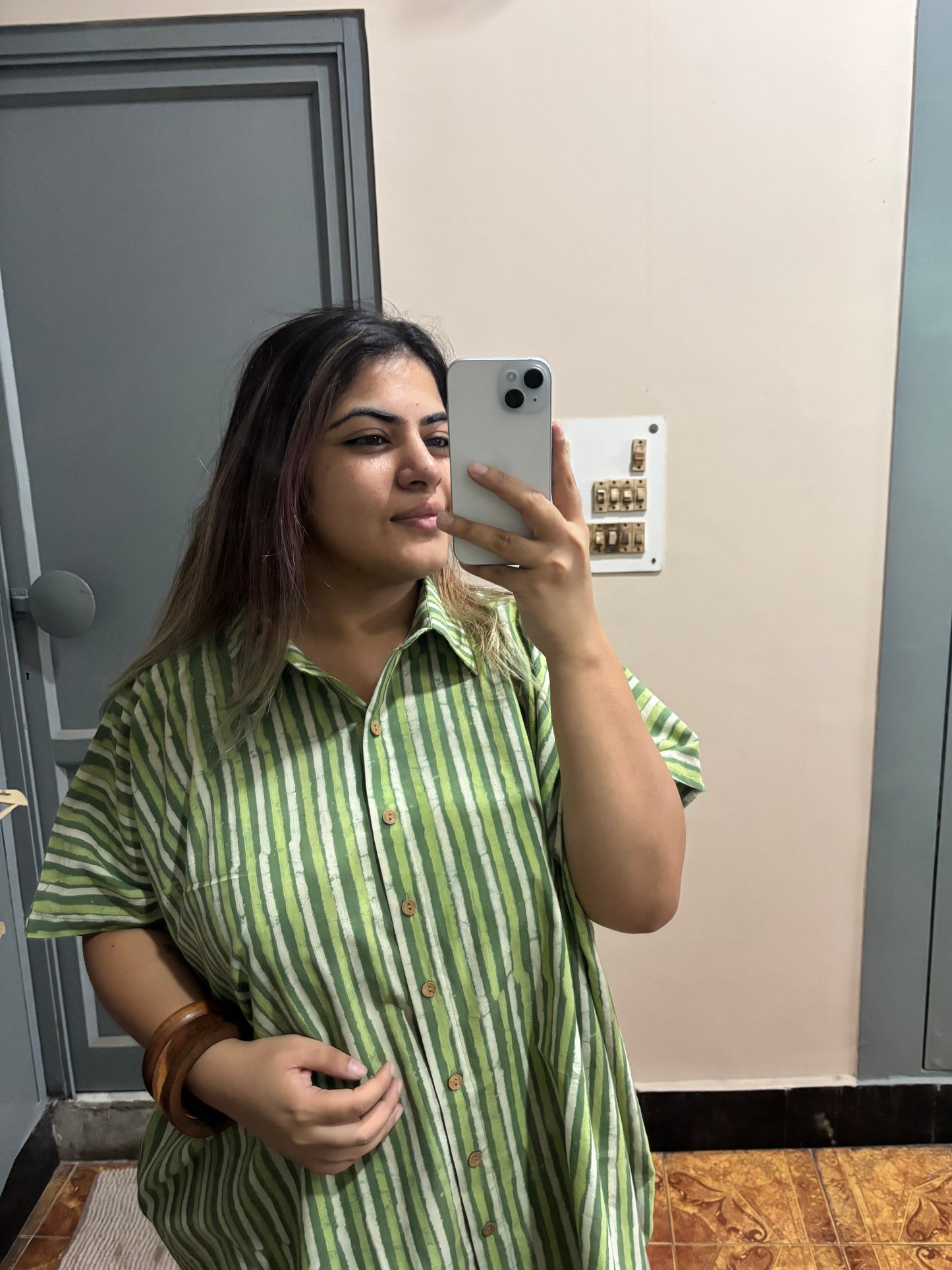 Green Dabu Stripe Cotton High Low Shirt Kaftan
