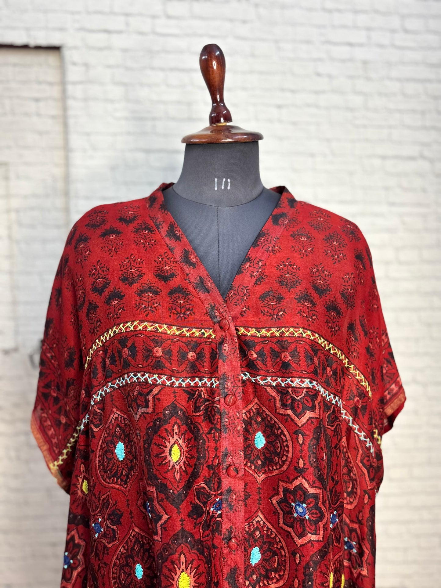 Red Ajrakh Chanderi Shirt Kaftan with Hand Embroidery
