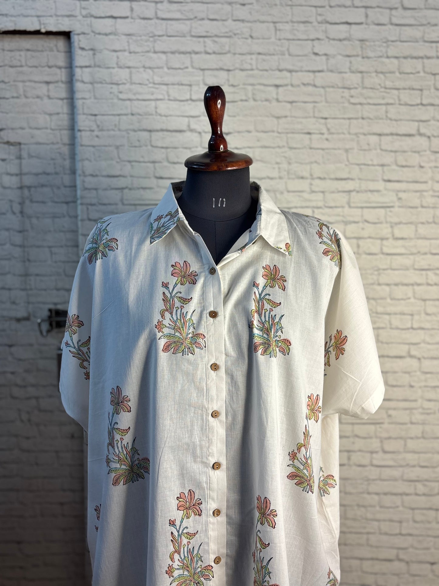 Ivory Blush Cotton Hand Block Printed High-Low Shirt Kaftan