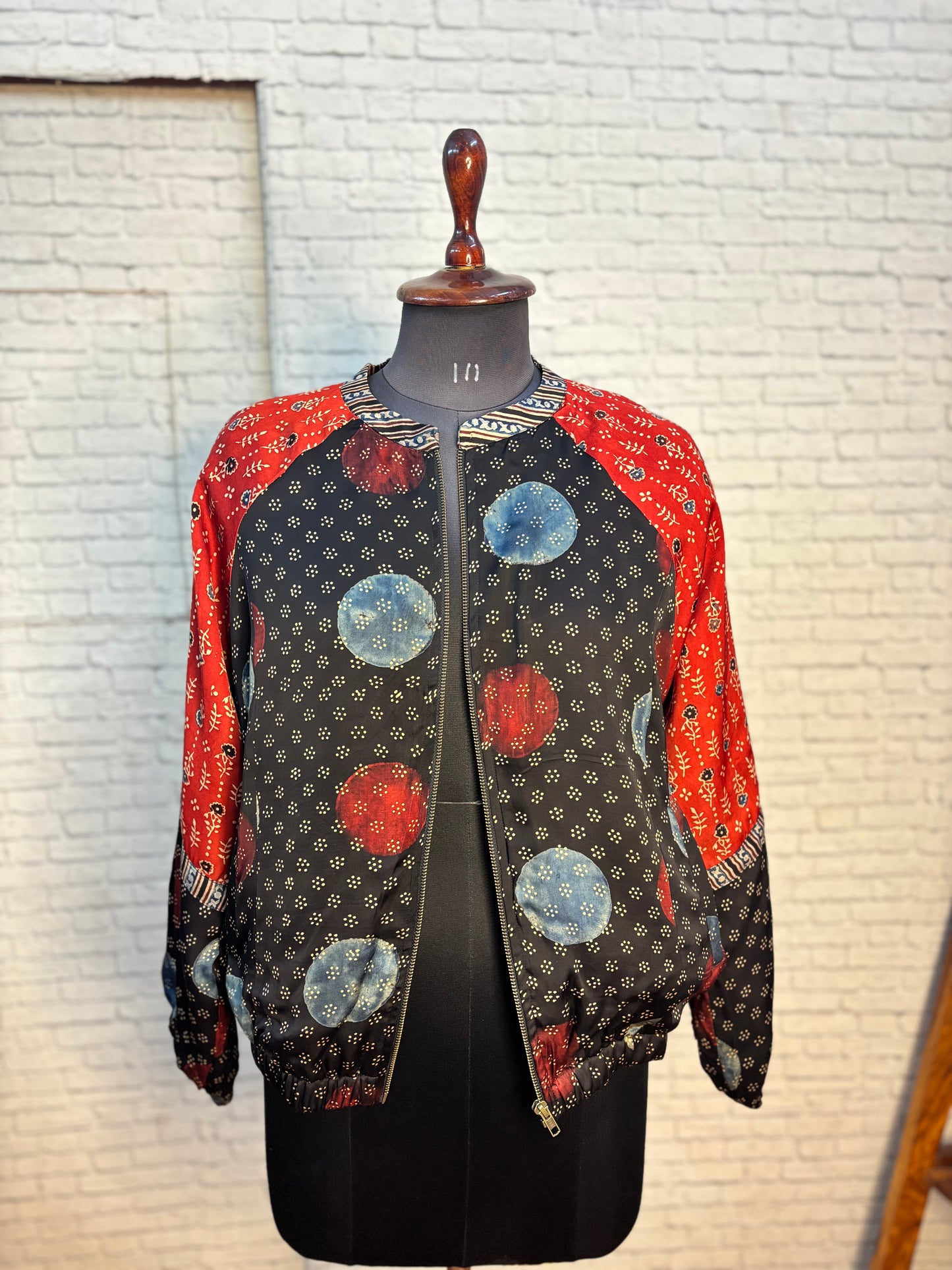 Black Red Modal Silk Ajrakh Unisex Bomber Jacket