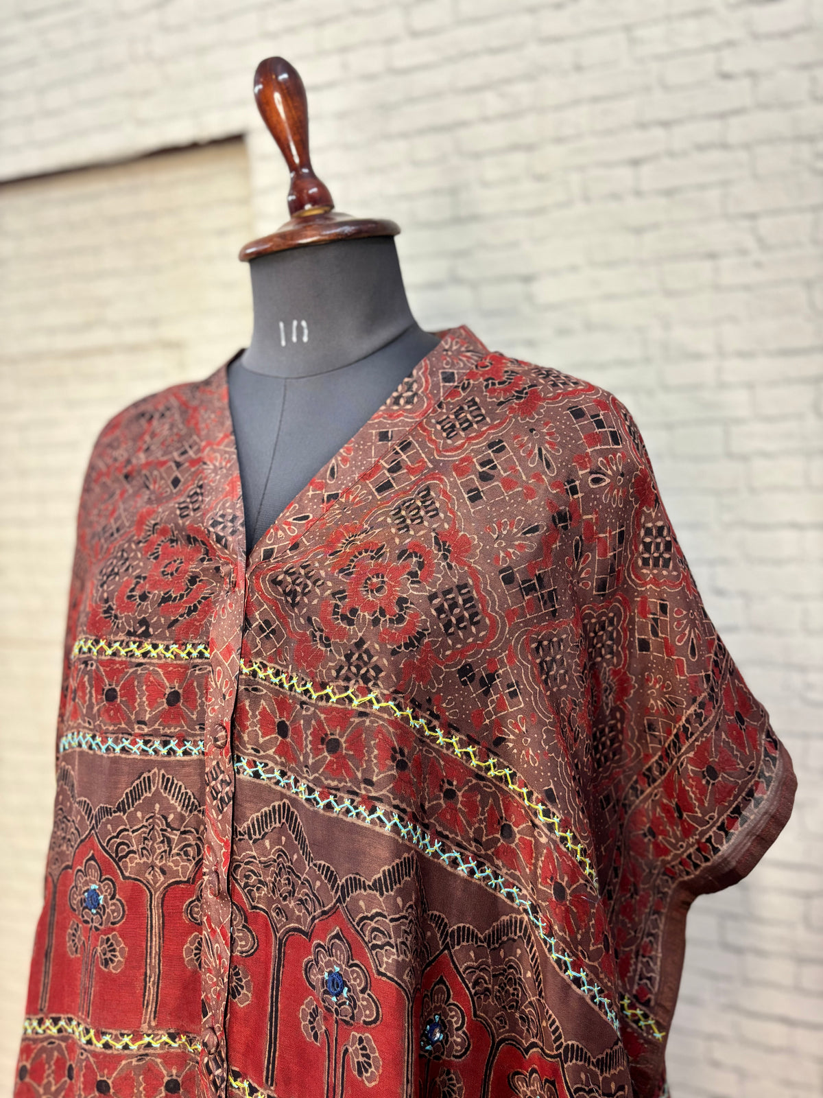 Kashish Red Ajrakh Chanderi Shirt Kaftan with Hand Embroidery