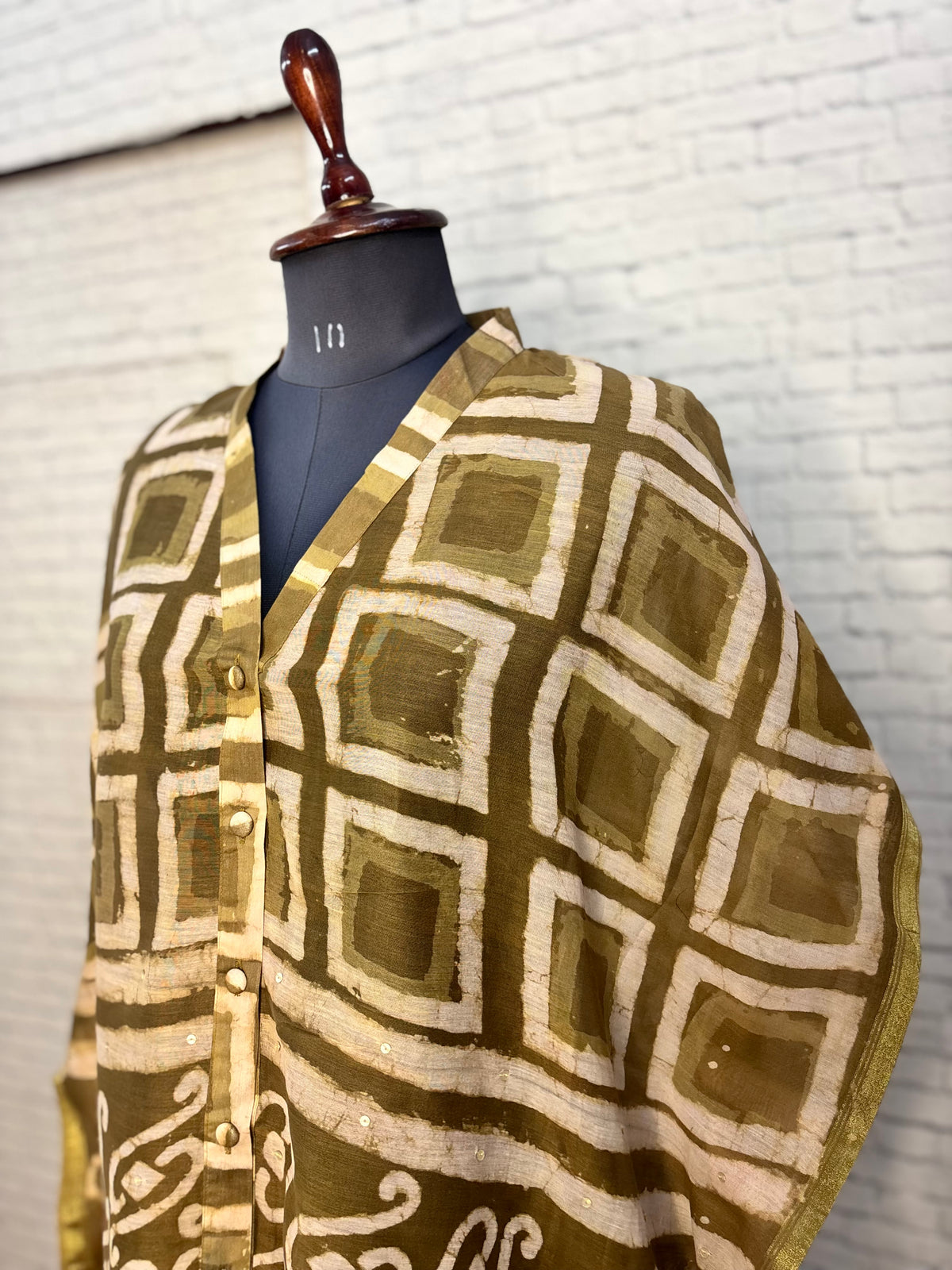 Olive Green Dabu Chanderi Shirt Kaftan with Sequin Detailing
