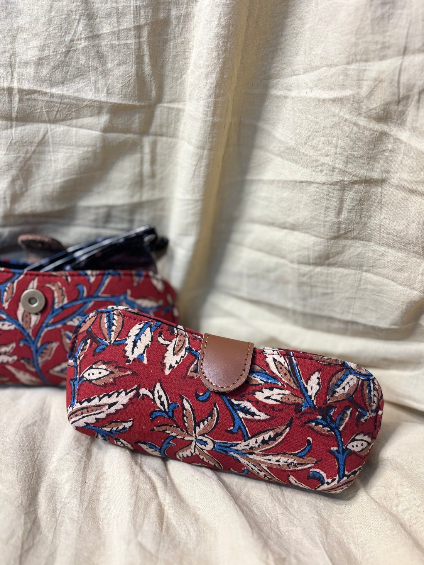 Red Bagru Floral Hand Block Print Eyewear Case