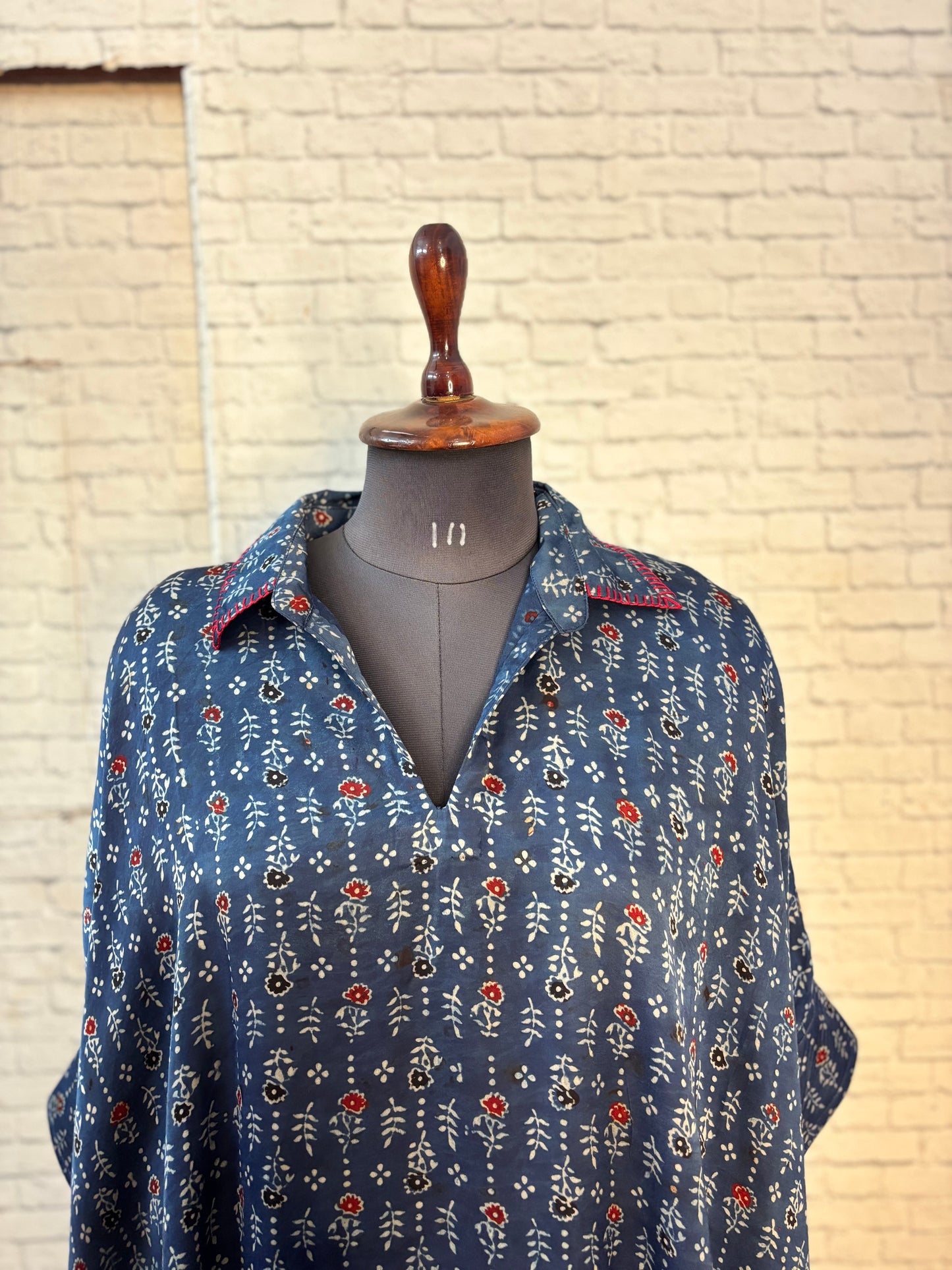 Indigo Red Flower Modal Silk Ajrakh Kaftan Top