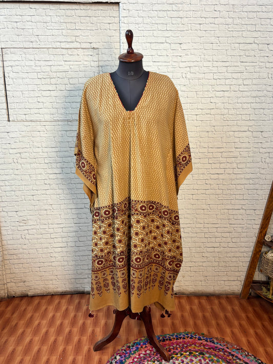 Brown Ajrakh Long Kaftan with Gather and Tassels