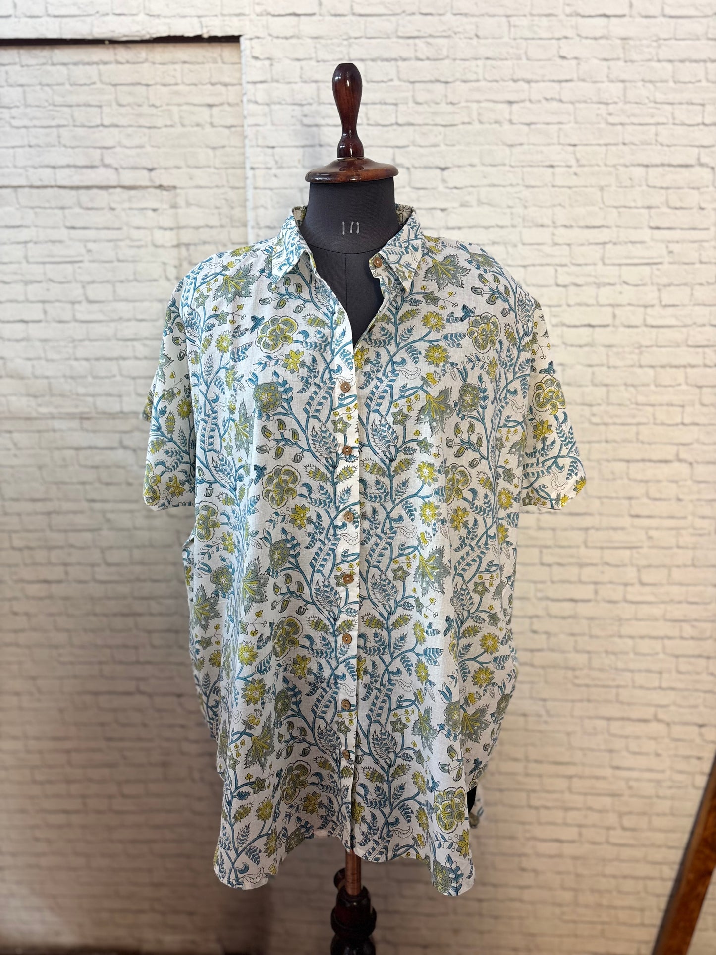 Sage Blue Cotton Hand Block Printed High-Low Shirt Kaftan