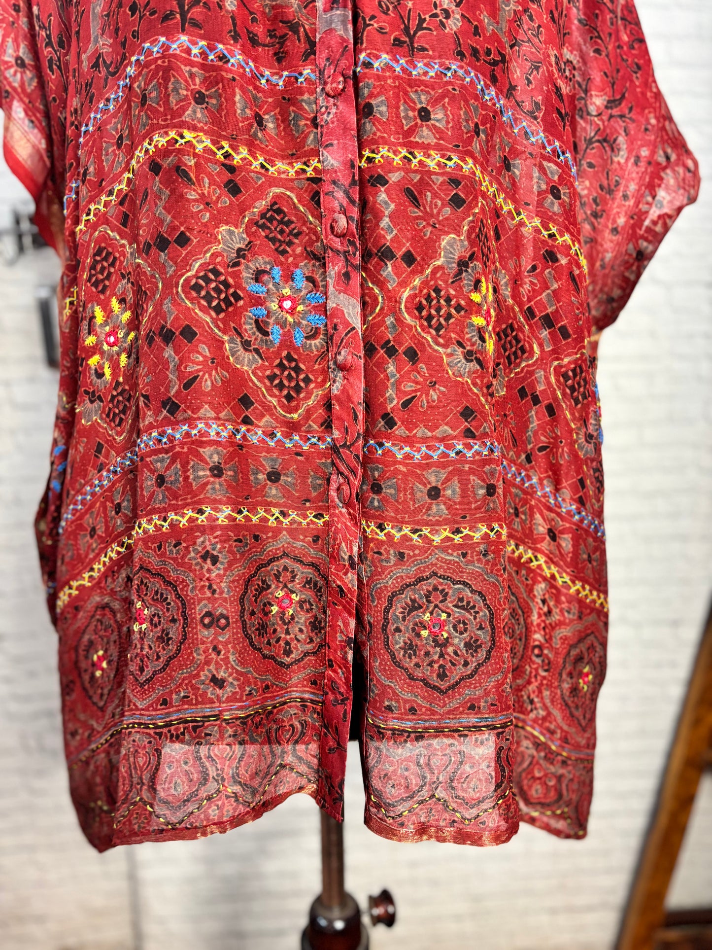 Red Ajrakh Chanderi Shirt Kaftan with Hand Embroidery