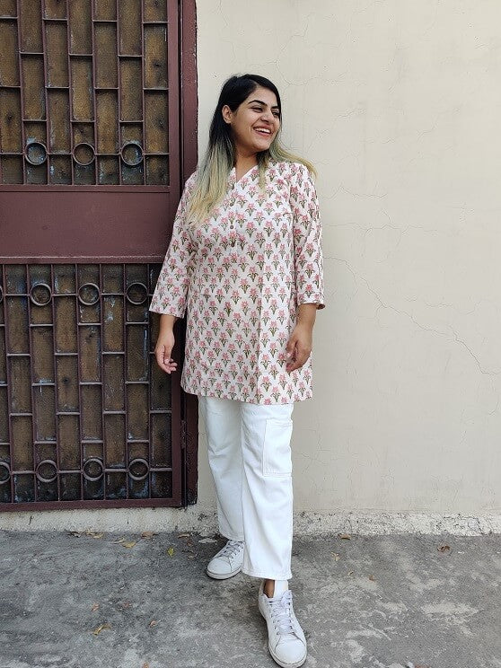 White Pink Hand Block Printed Short Kurti