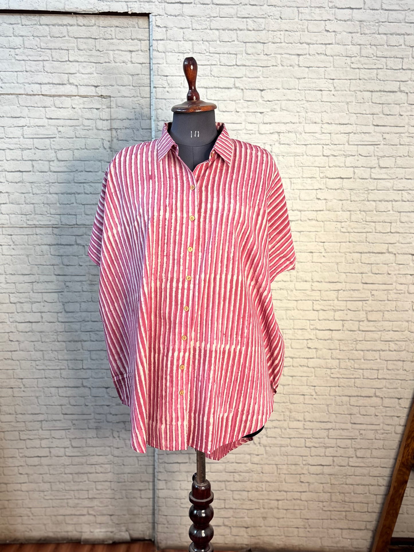 Pink Dabu Stripes Cotton High Low Shirt Kaftan