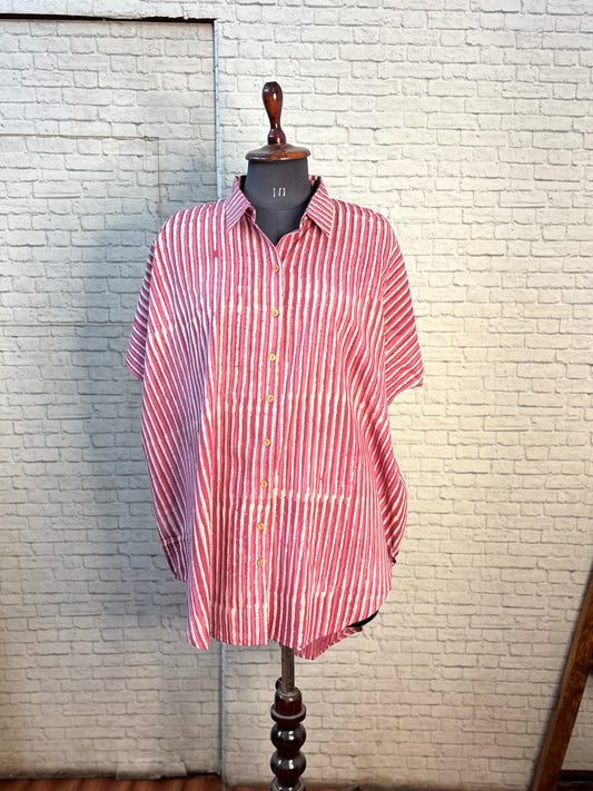 Pink Dabu Stripes Cotton High Low Shirt Kaftan