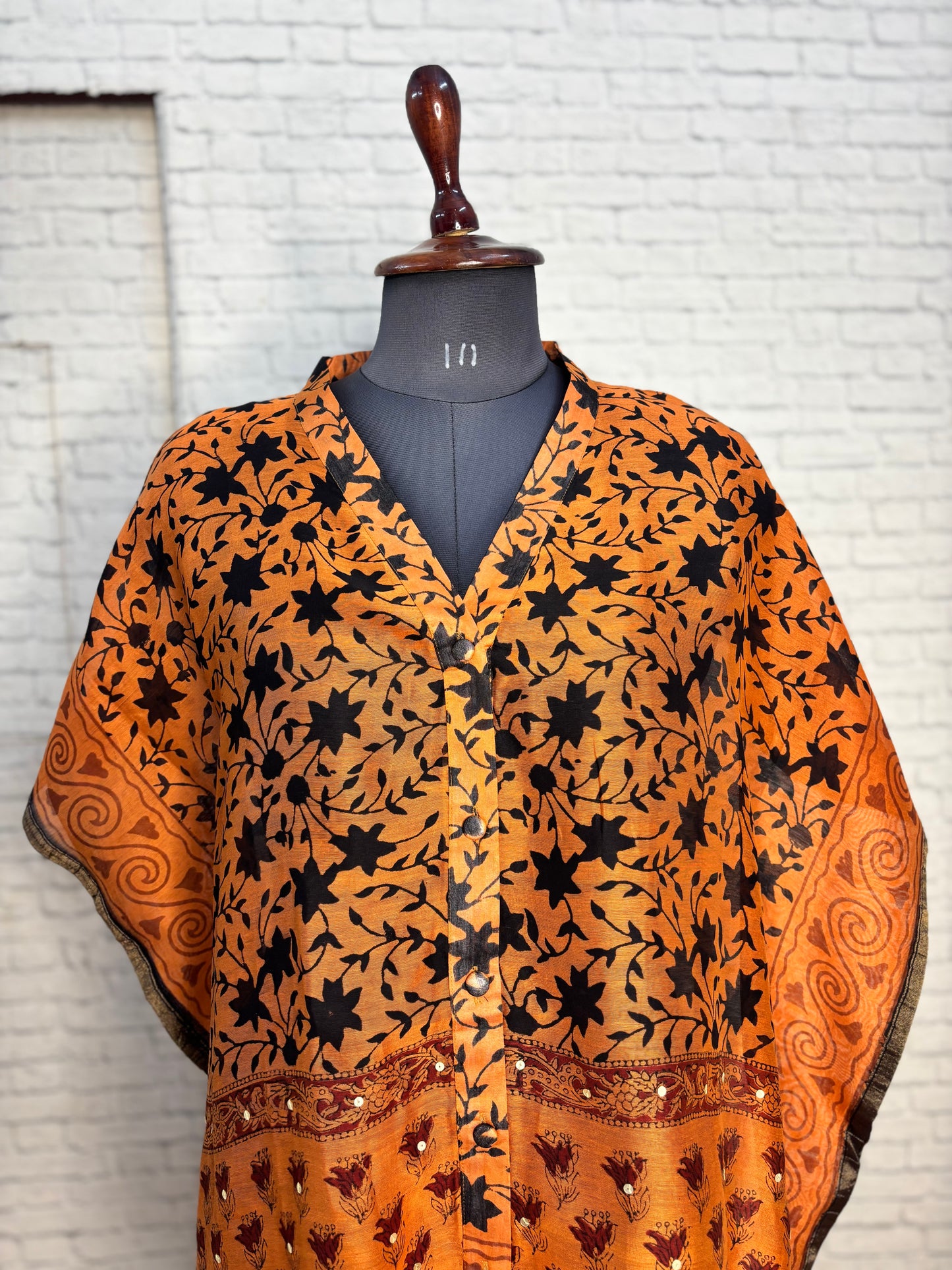 Orange Floral Hand Block Print Chanderi Shirt Kaftan with Sequin Detailing