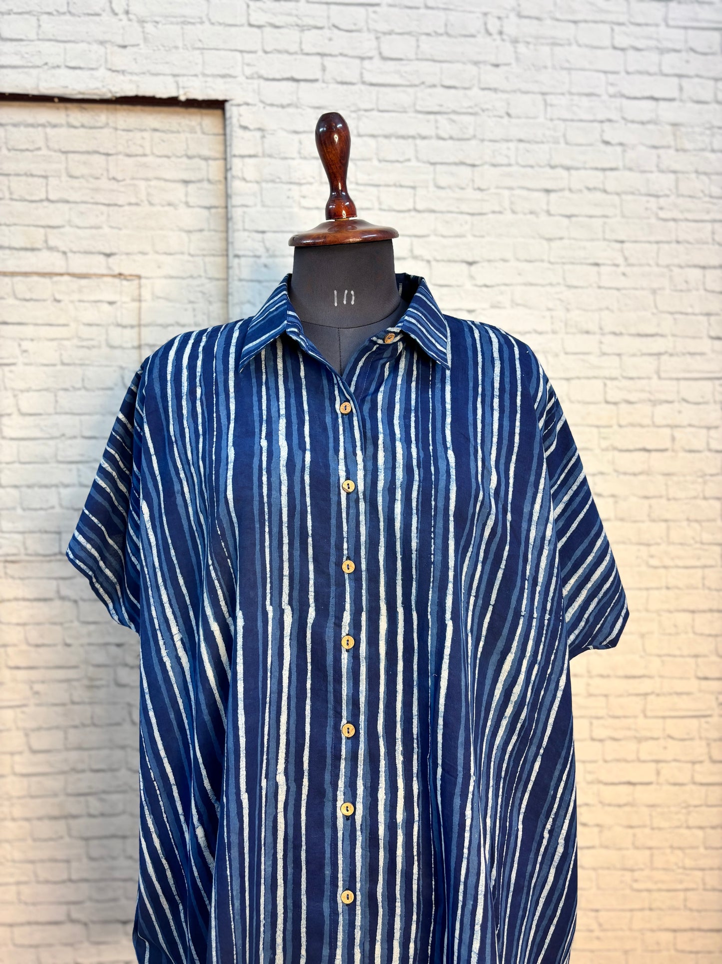 Indigo White Stripes Dabu  Cotton High Low Shirt Kaftan