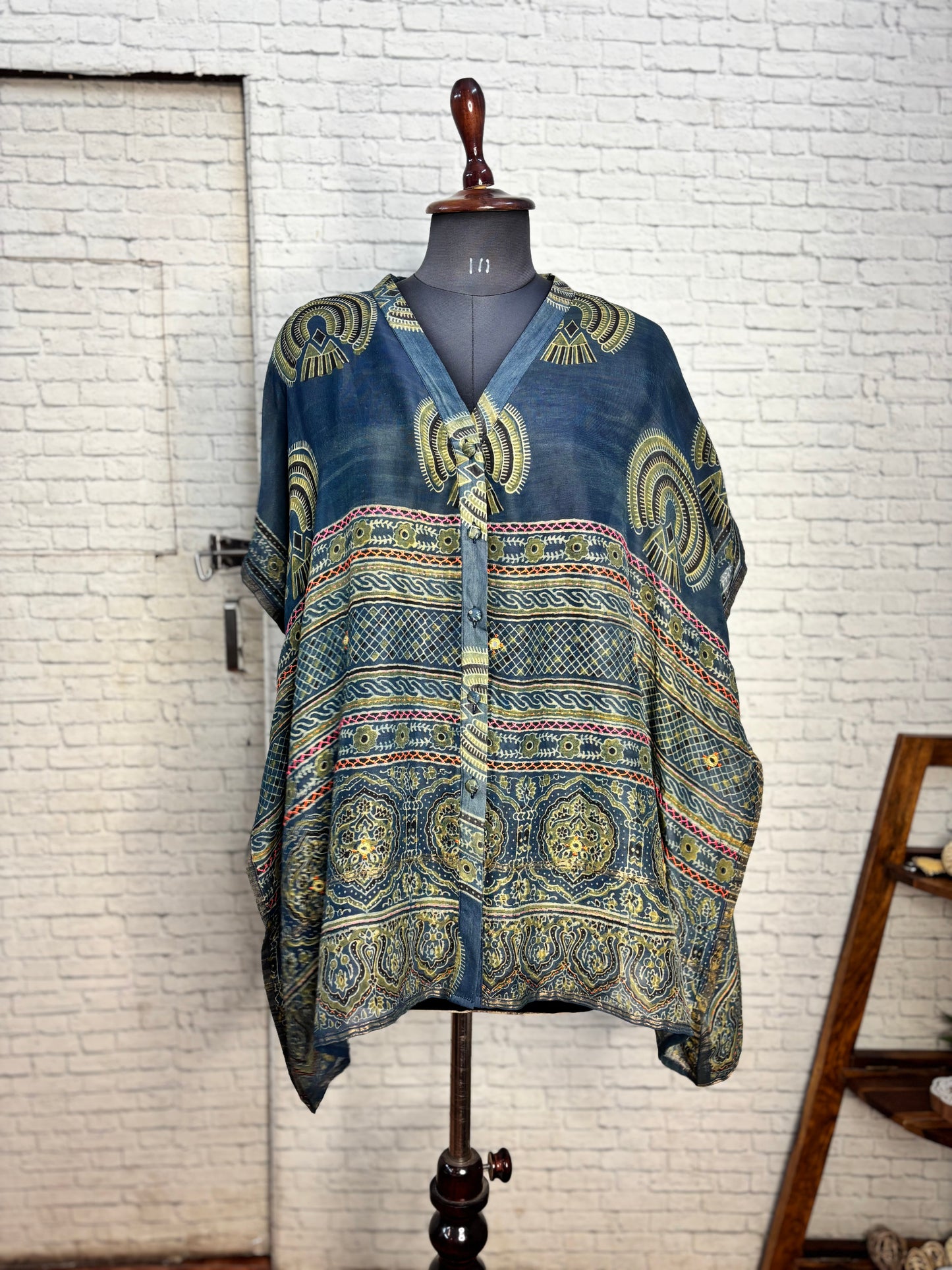 Indigo Green Ajrakh Chanderi Shirt Kaftan with Hand Embroidery