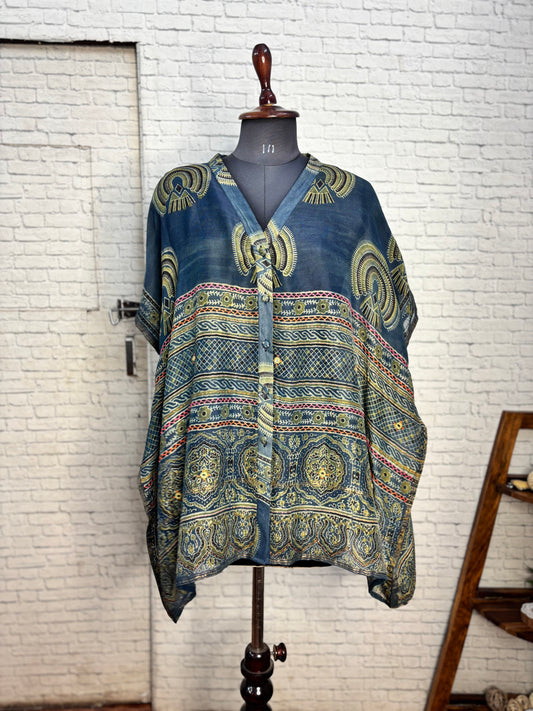 Indigo Green Ajrakh Chanderi Shirt Kaftan with Hand Embroidery