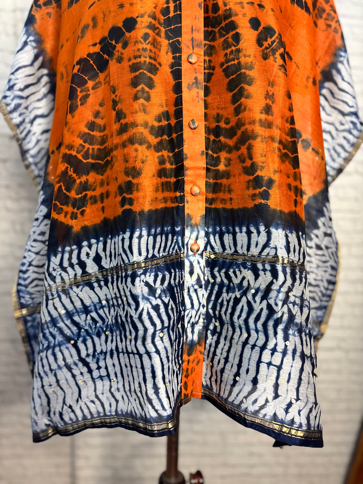 Orange Blue Shibori Chanderi Shirt Kaftan with Sequin Detailing
