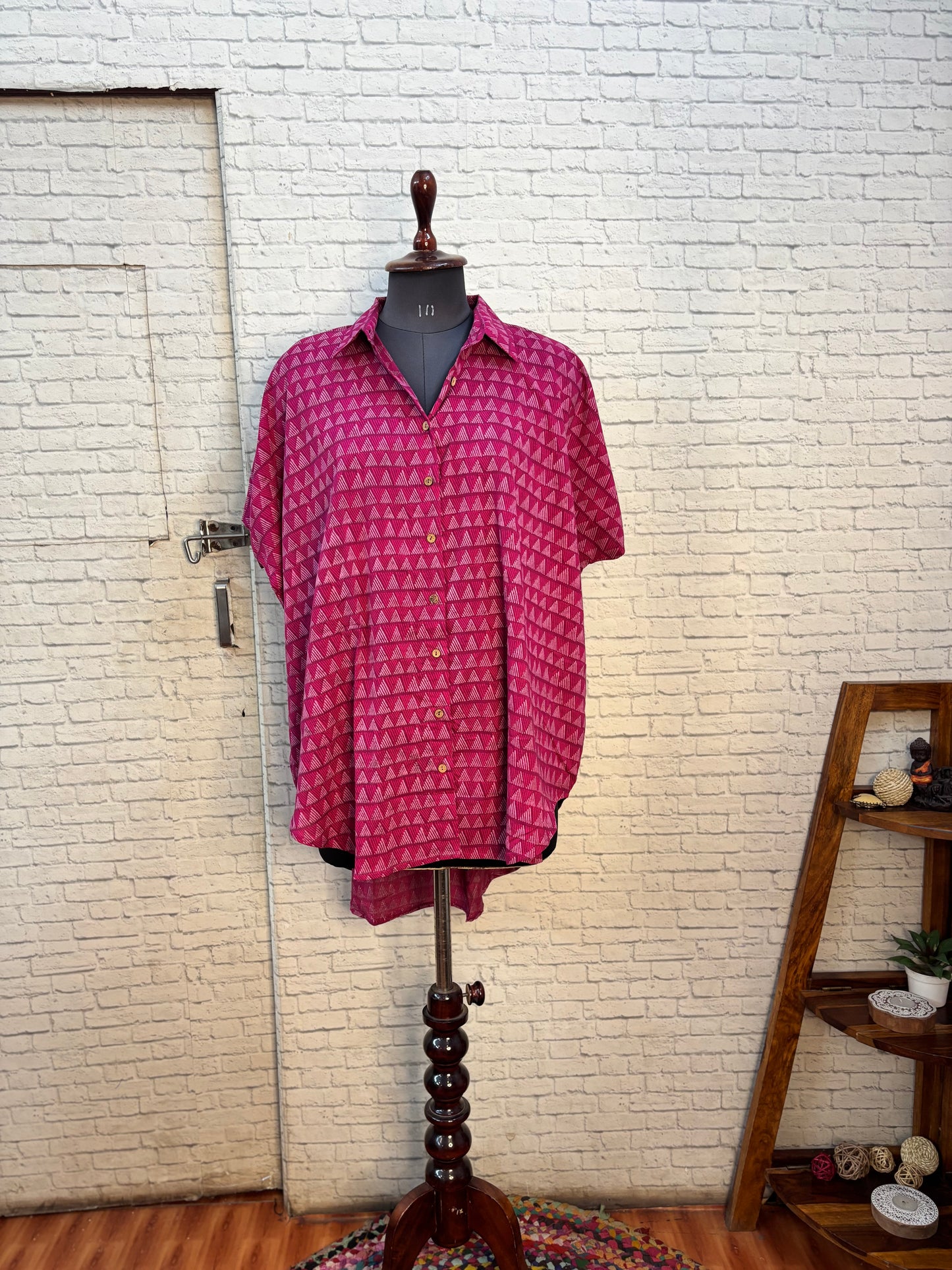 Pink Triangles Hand Block Printed Cotton High Low Shirt Kaftan
