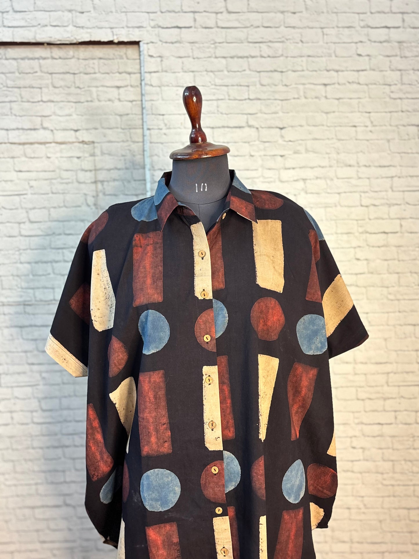 Coffee Geometric Ajrakh Cotton High Low Shirt Kaftan