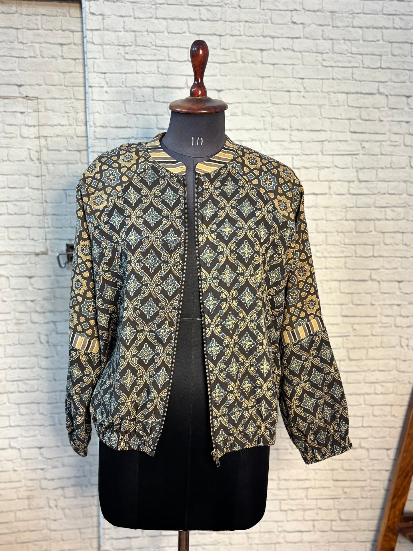 Grey Brown Hand Block Printed Unisex Bomber Jacket