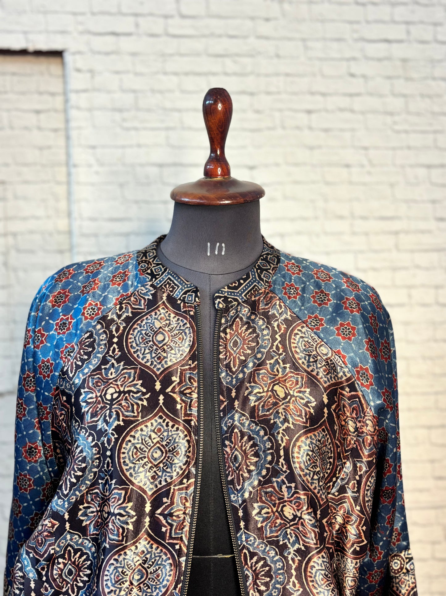 Black Indigo Mashru Silk Ajrakh Unisex Bomber Jacket
