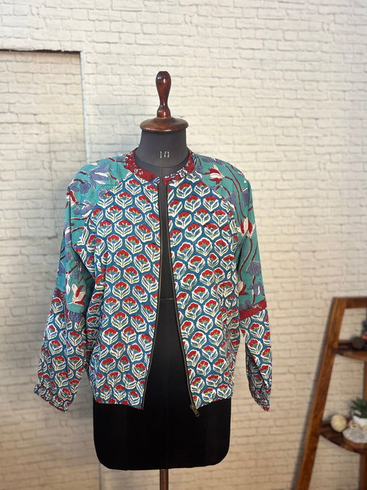 Teal Red Hand Block Printed Unisex Bomber Jacket
