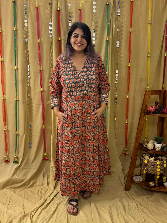 Naaz Hand Block Printed A Line Maxi Patch Dress with Hand Embroidery