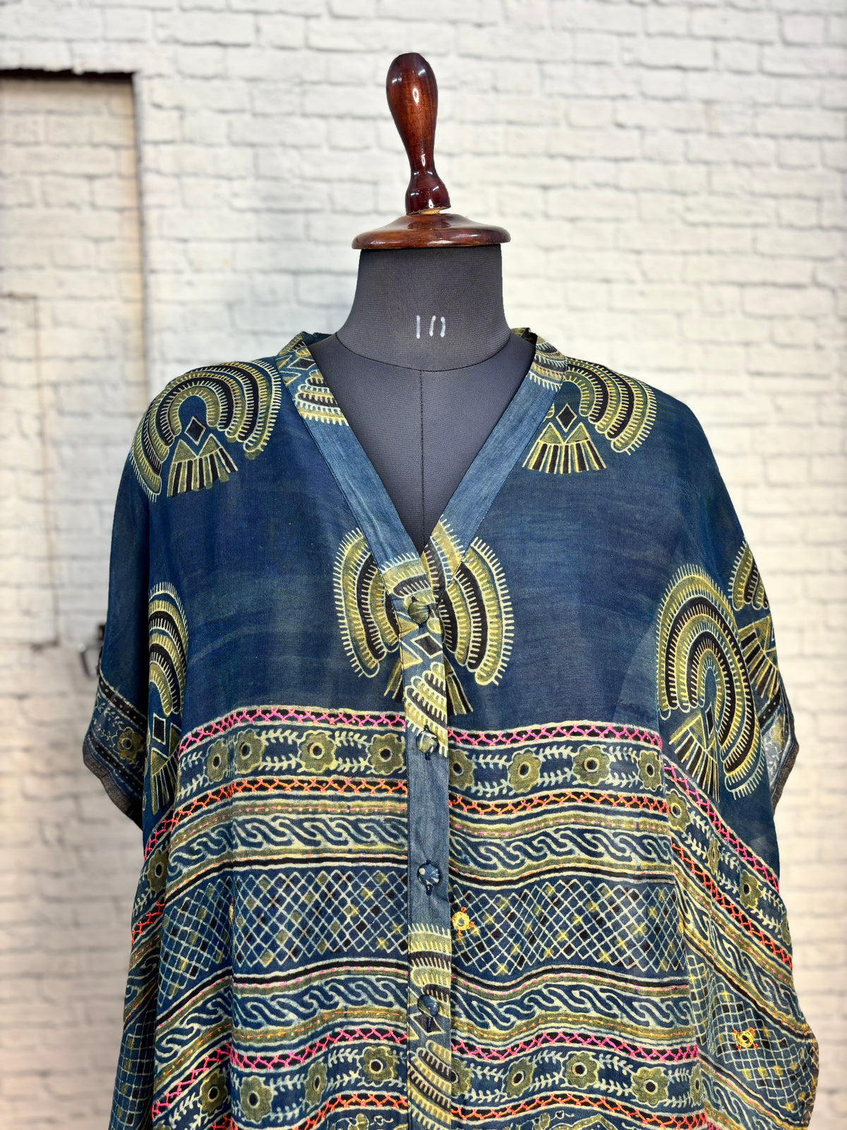 Indigo Green Ajrakh Chanderi Shirt Kaftan with Hand Embroidery