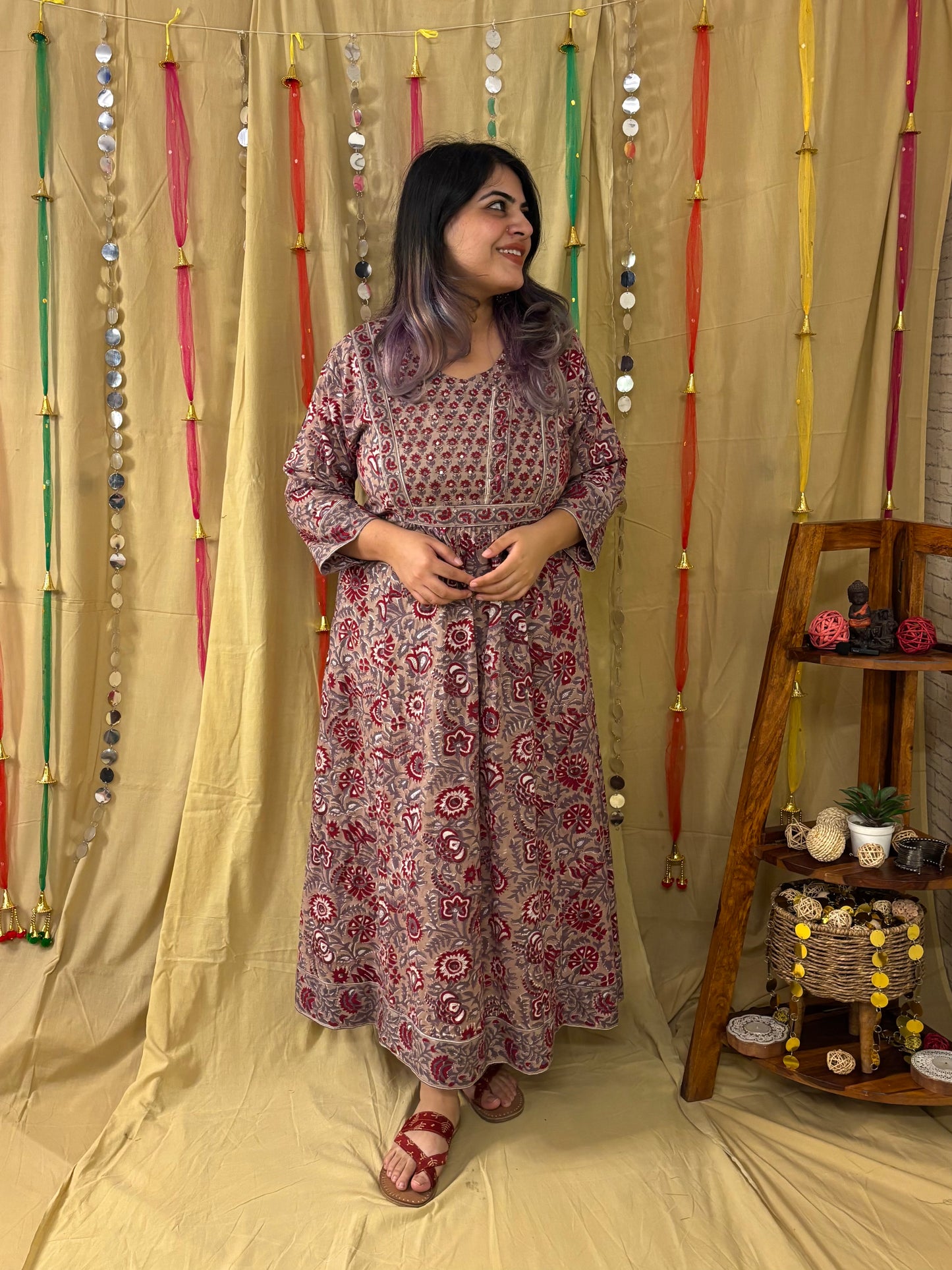 Inayat Hand Block Printed Patch Flared Maxi Dress with Hand Embroidery