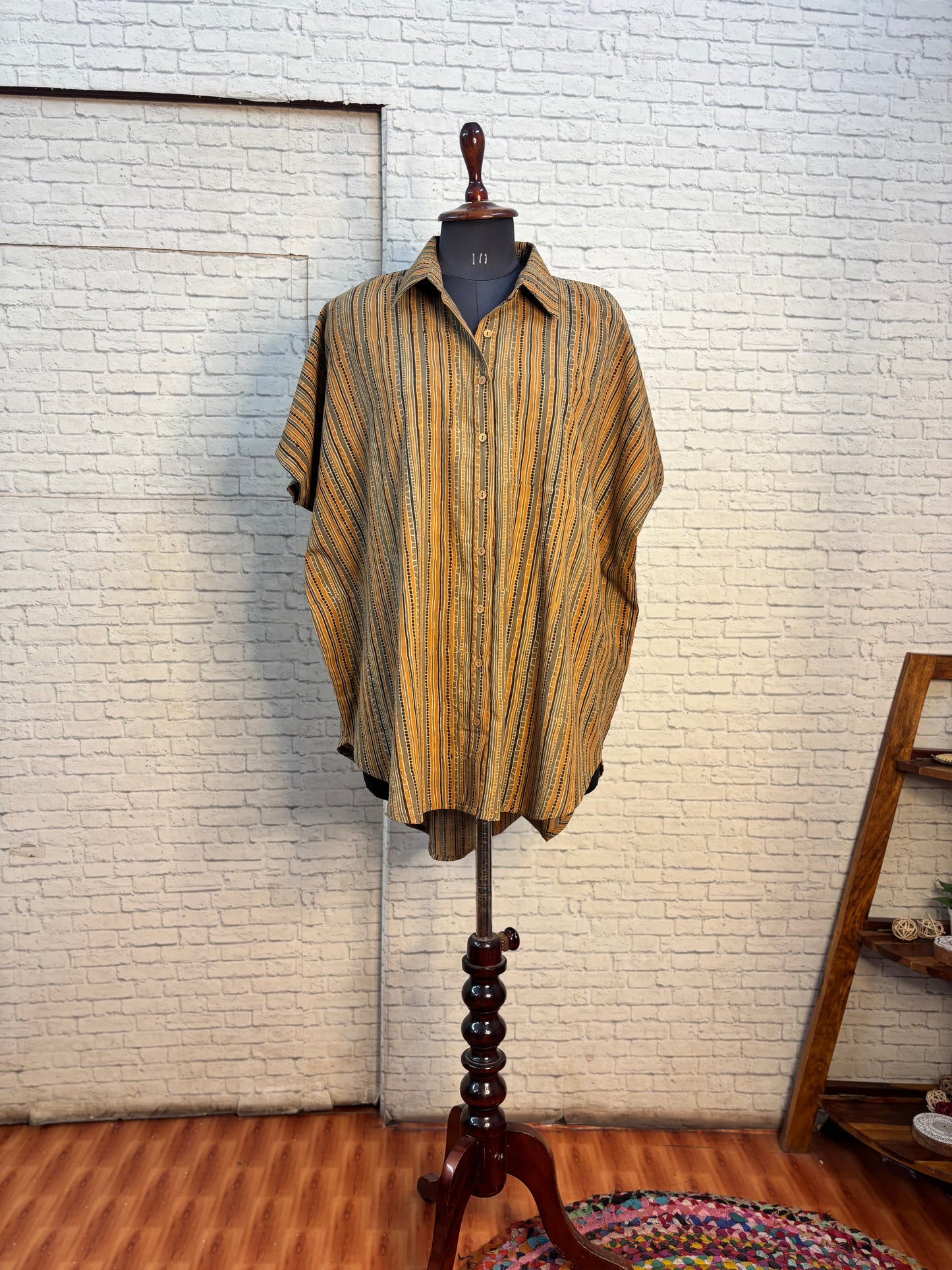 Orange Brown Dotted Ajrakh Stripes Cotton High Low Shirt Kaftan