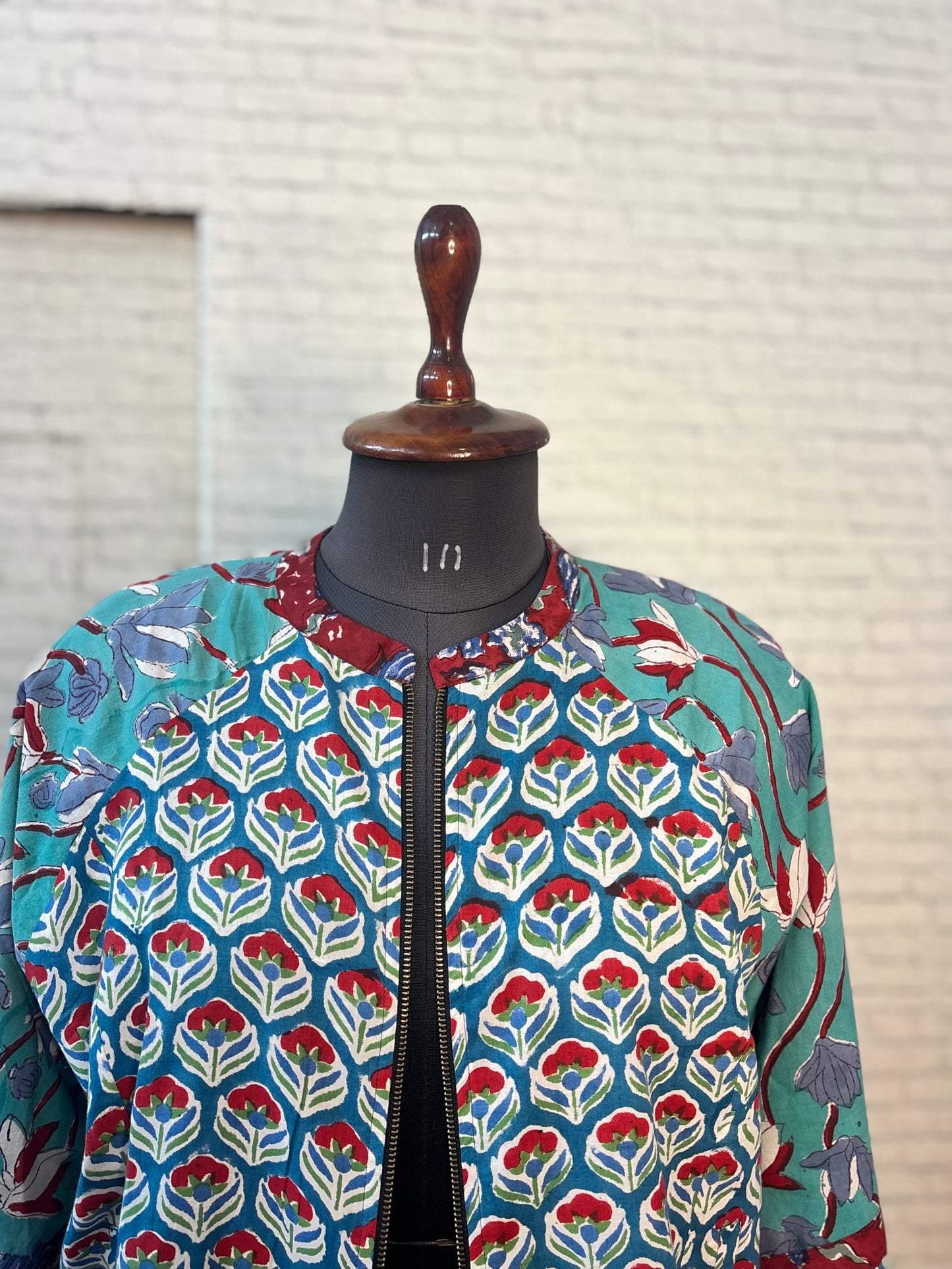 Teal Red Hand Block Printed Unisex Bomber Jacket