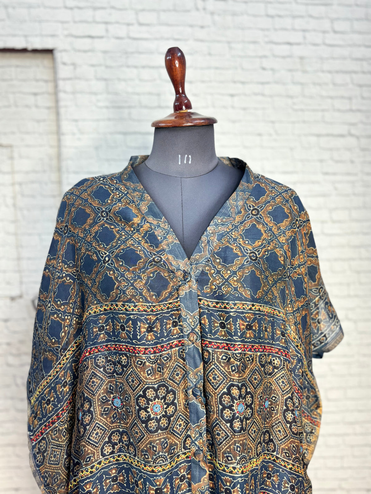 Indigo Red Ajrakh Chanderi Shirt Kaftan with Hand Embroidery