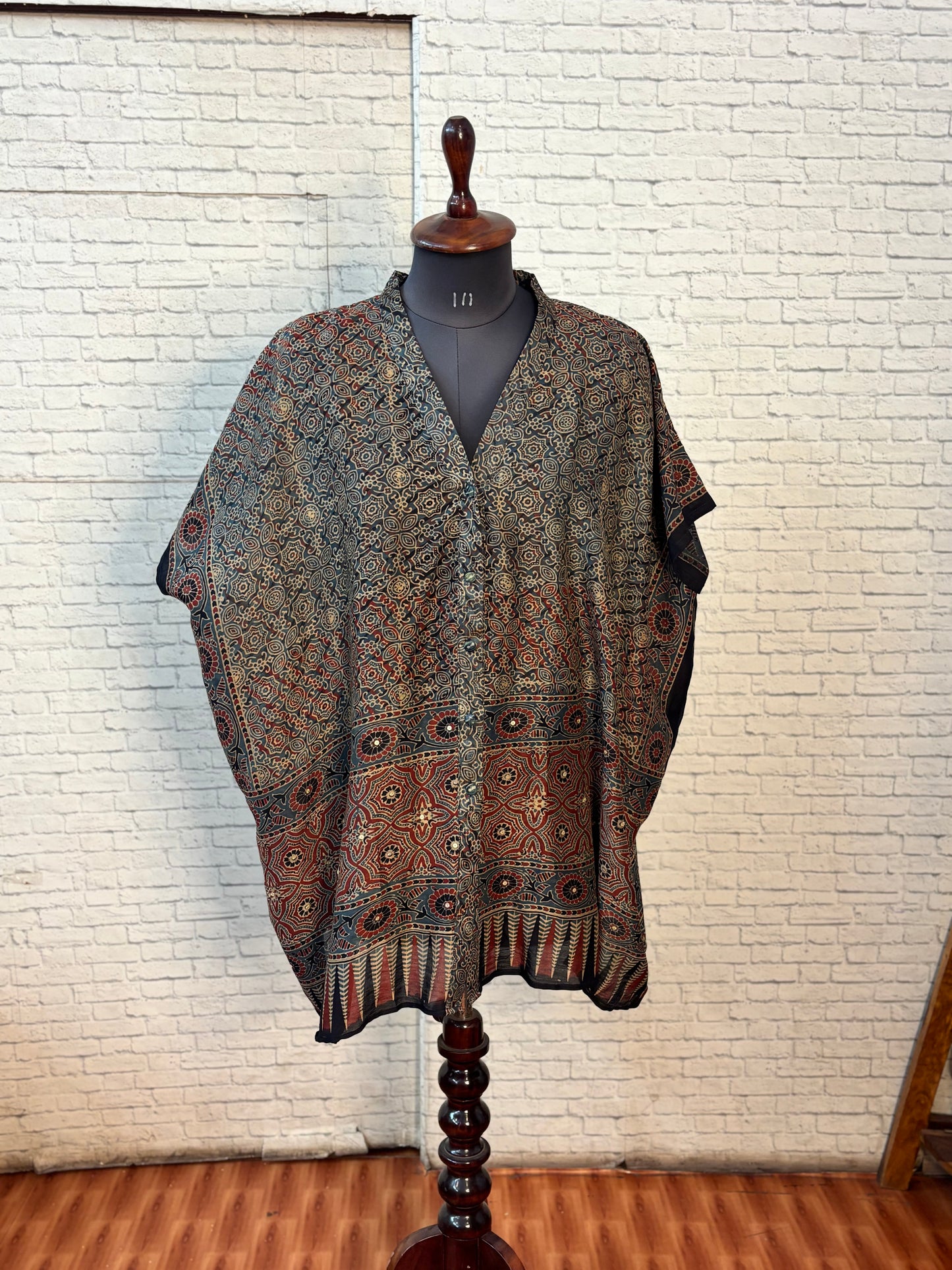 Indigo Black Ajrakh Chanderi Shirt Kaftan with Sequin Detailing