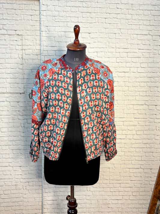 Green Red Hand Block Printed Unisex Bomber Jacket