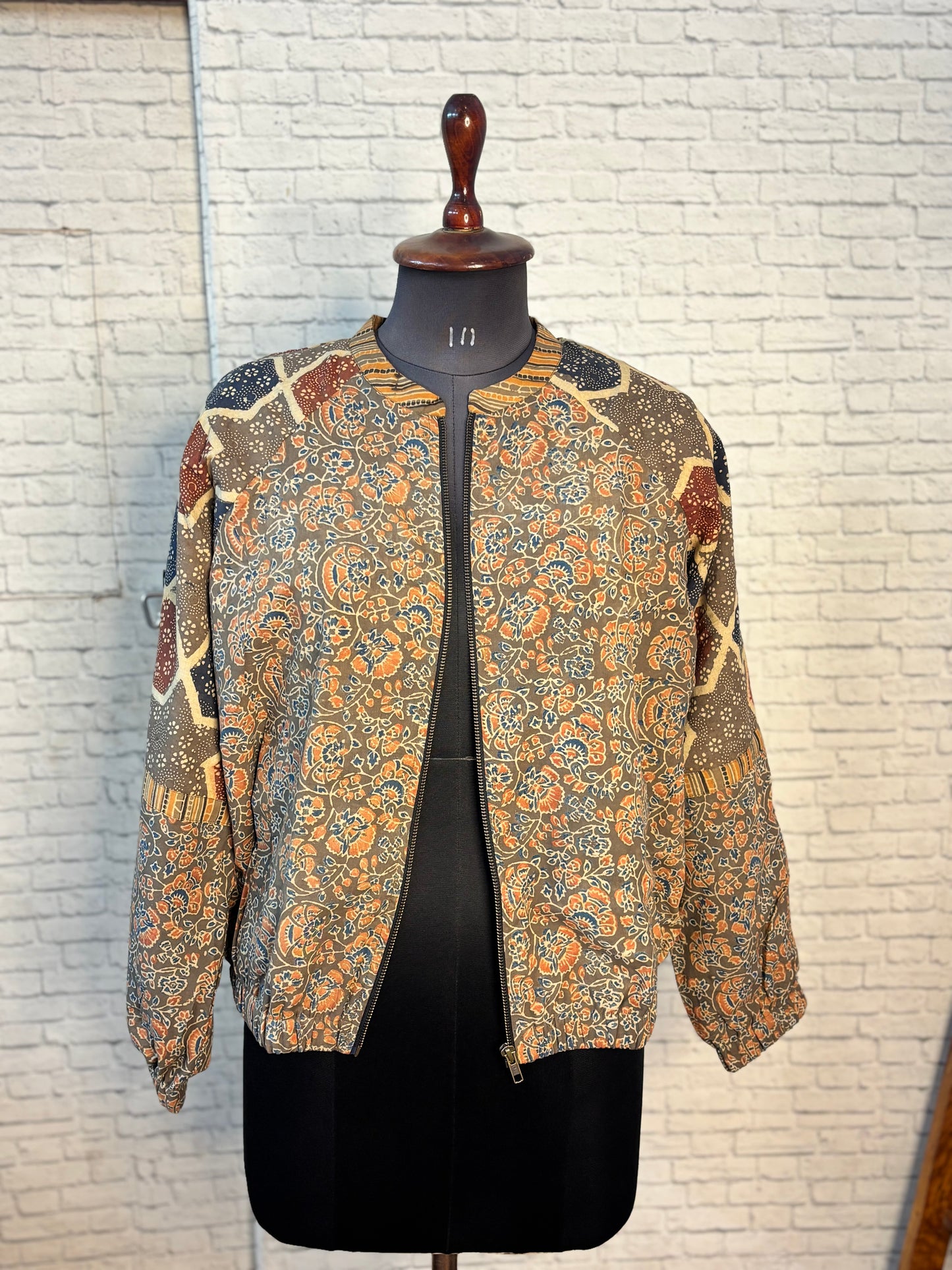 Kashish Orange Ajrakh Hand Block Printed Unisex Bomber Jacket