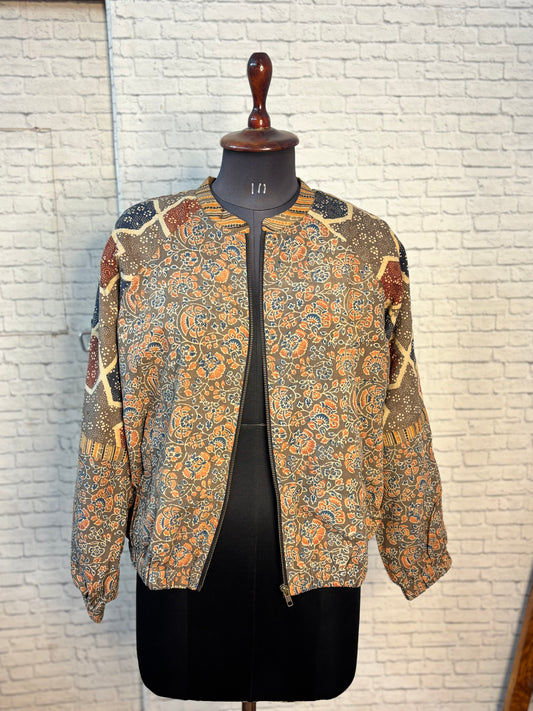 Kashish Orange Ajrakh Hand Block Printed Unisex Bomber Jacket