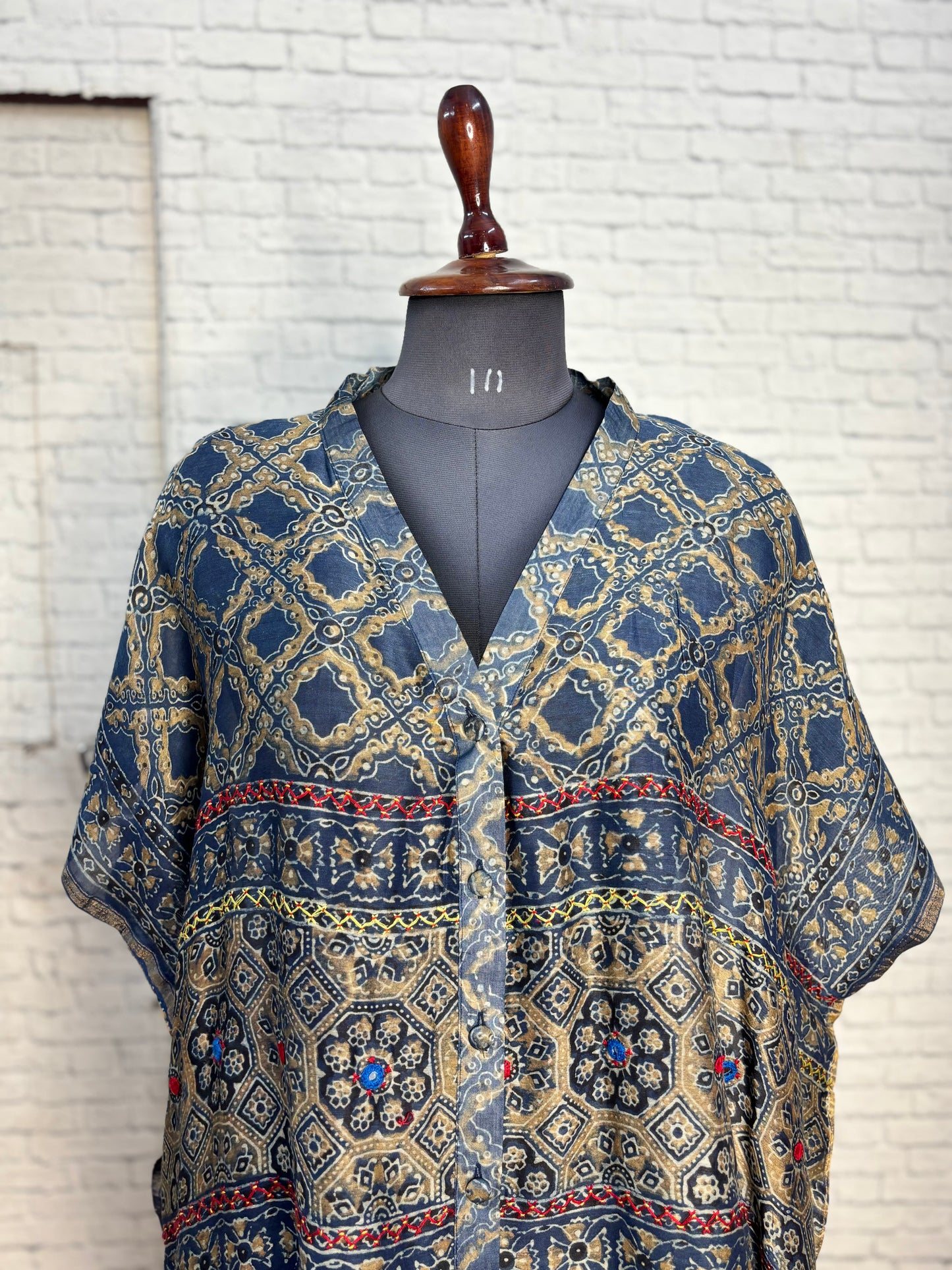 Indigo Green Ajrakh Chanderi Shirt Kaftan with Hand Embroidery