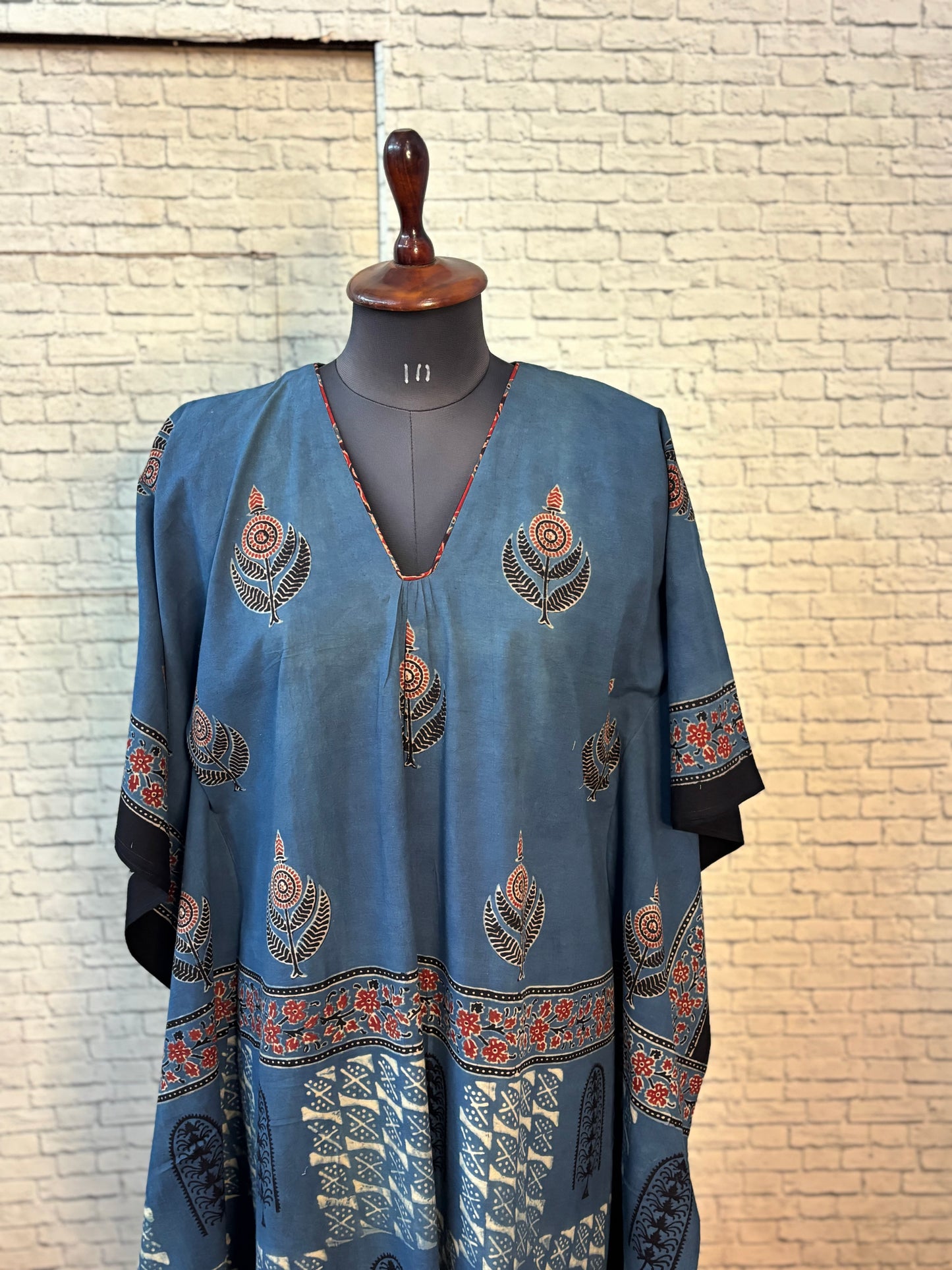 Indigo Ajrakh Long Kaftan with Gather and Tassels