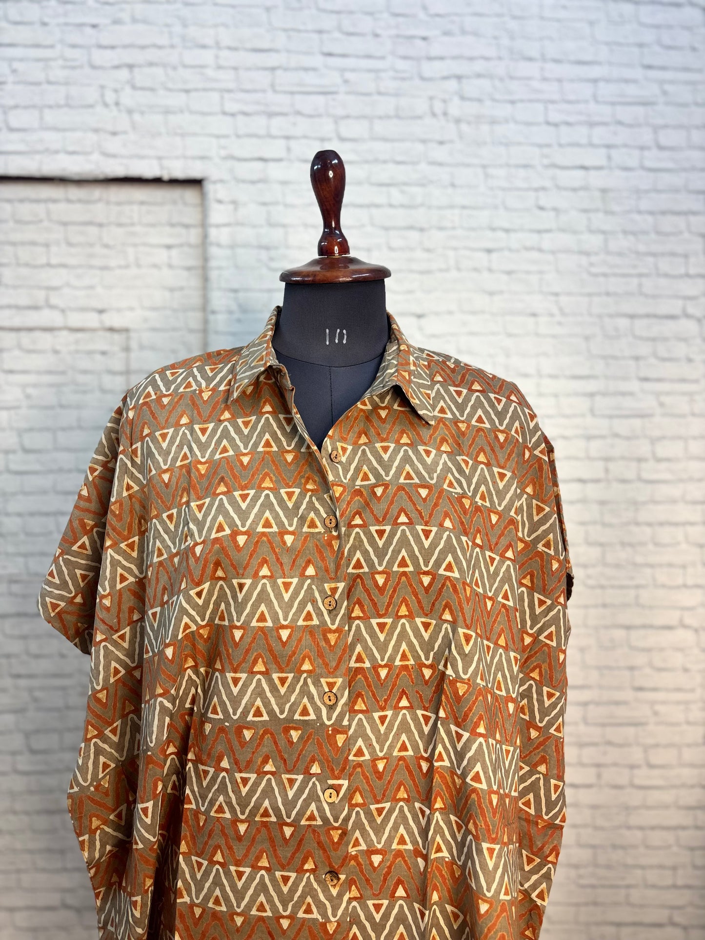 Brown Orange Triangle Ajrakh Cotton High Low Shirt Kaftan