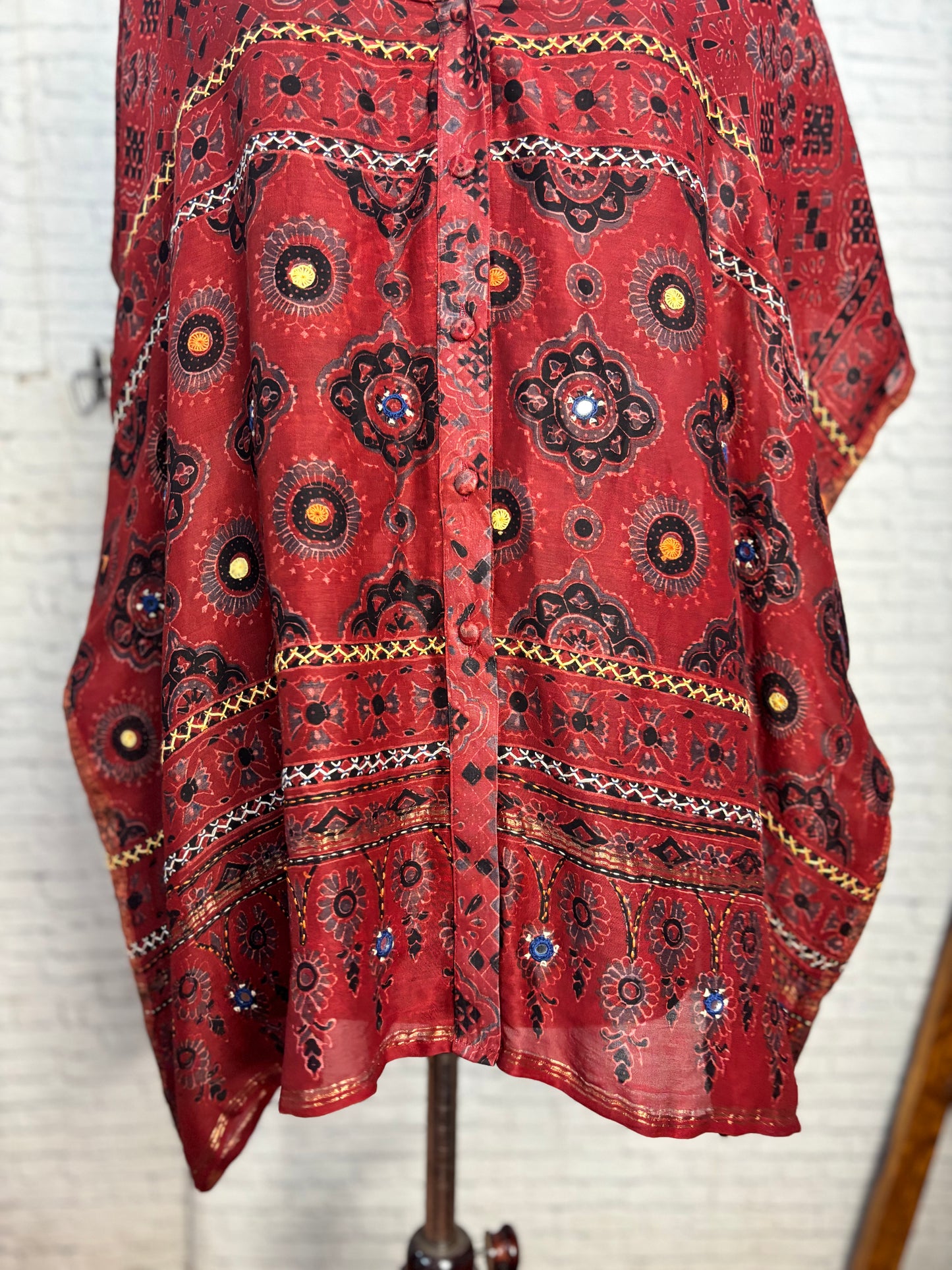 Red Ajrakh Chanderi Shirt Kaftan with Hand Embroidery