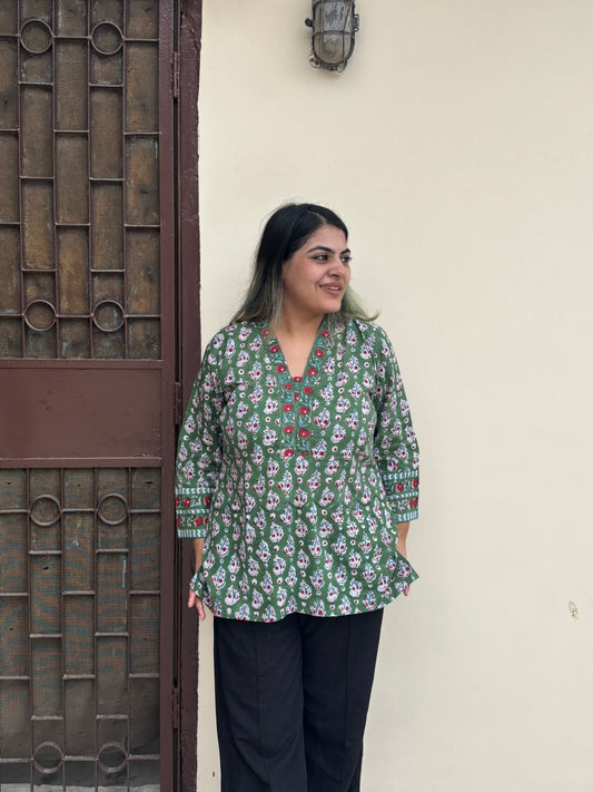 Hariyali Buta Dual Fabric Cotton Short Kurti