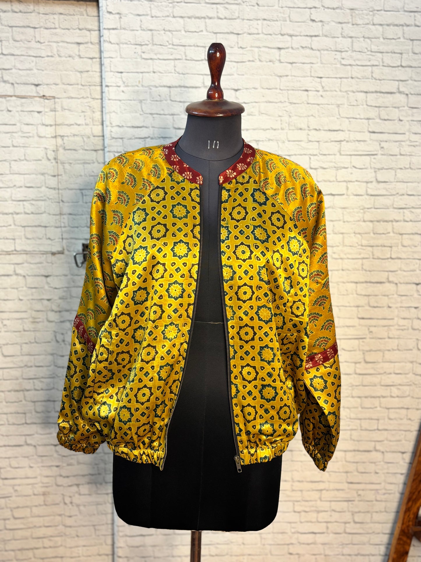 Yellow Mashru Silk Ajrakh Unisex Bomber Jacket