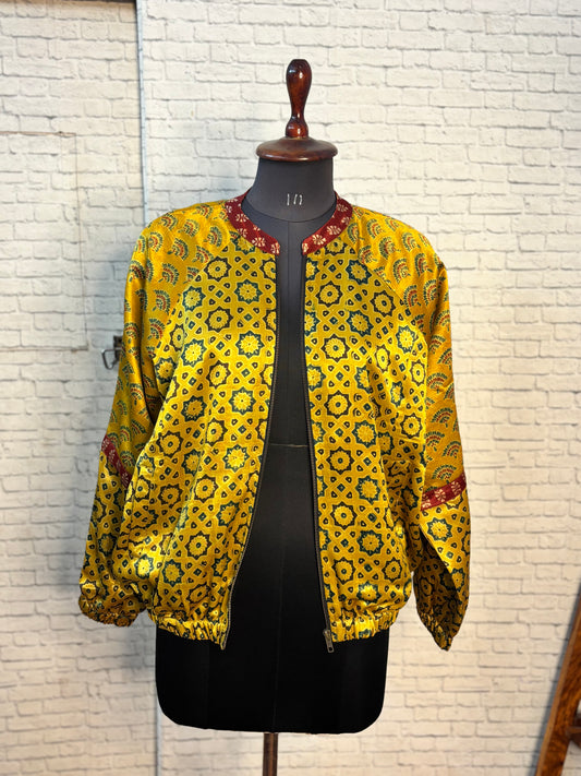 Yellow Mashru Silk Ajrakh Unisex Bomber Jacket