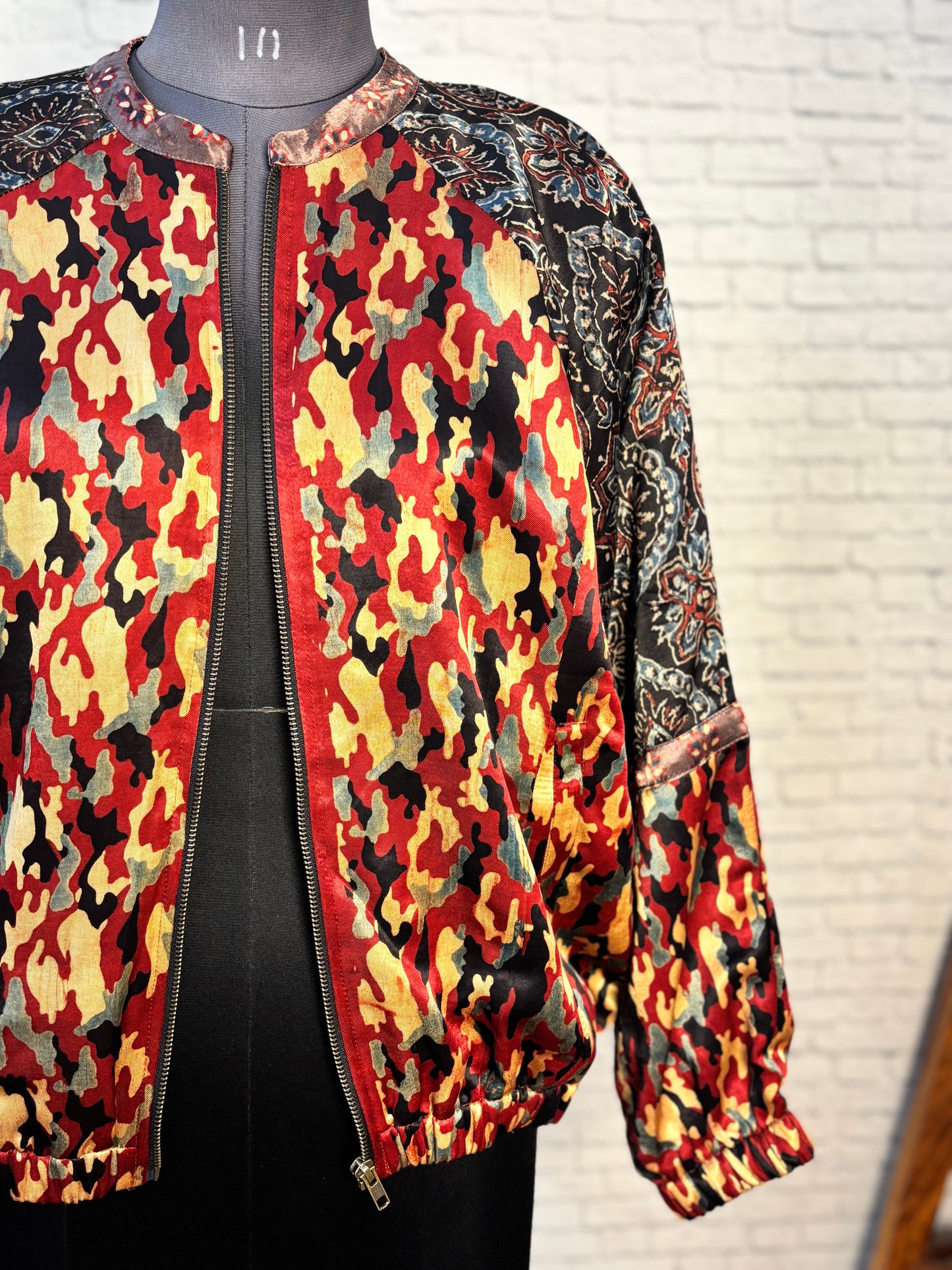 Red Black Mashru Silk Ajrakh Unisex Bomber Jacket